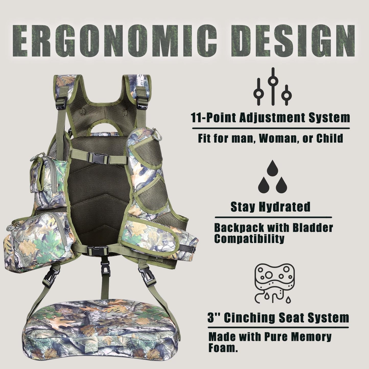 UIIHUNT Turkey Vest with Seat: Lightweight Turkey Hunting Vest with Game Pouch, Adjustable Turkey Hunting Gear Accessories