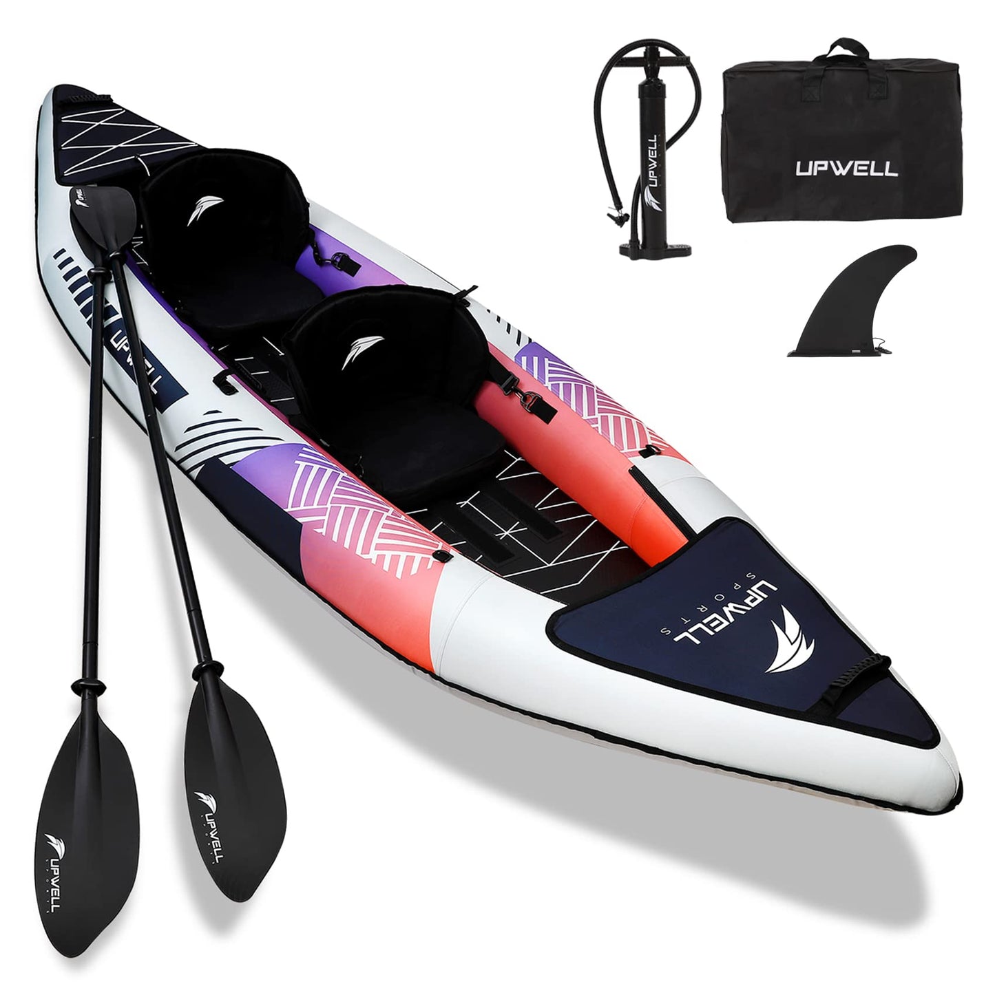 UPWELL 13'6”/11' Inflatable Recreational Kayak - 2 Person with Drop Stitch Floor and Accessories Including Kayak Seats with High Back Support, Paddle, Fin, Repair Kits, Carry Bag and Hand Pump
