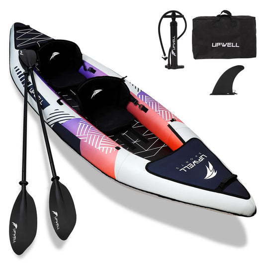 UPWELL 13'6”/11' Inflatable Recreational Kayak - 2 Person with Drop Stitch Floor and Accessories Including Kayak Seats with High Back Support, Paddle, Fin, Repair Kits, Carry Bag and Hand Pump