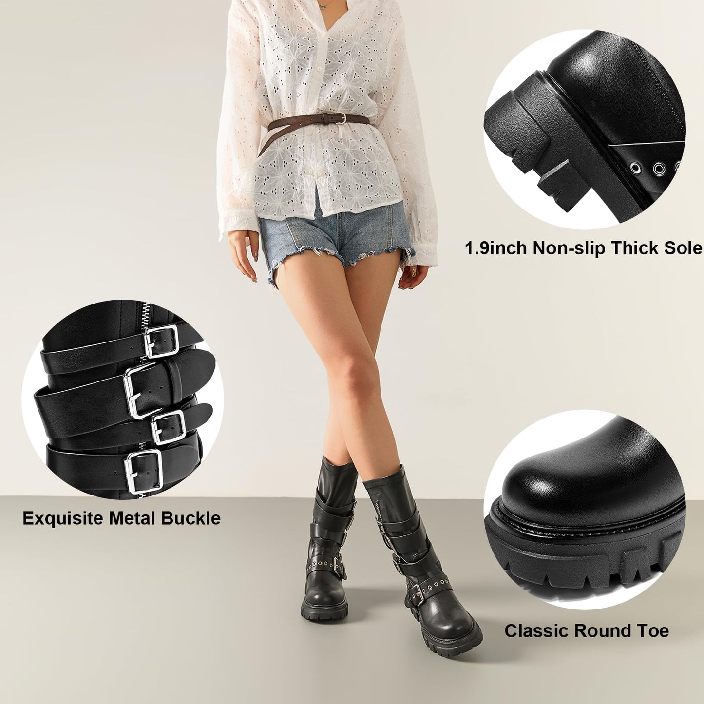 Women's Mid Calf Buckle Combat Boots Low Chunky Heel Motorcycle Riding Biker Boots
