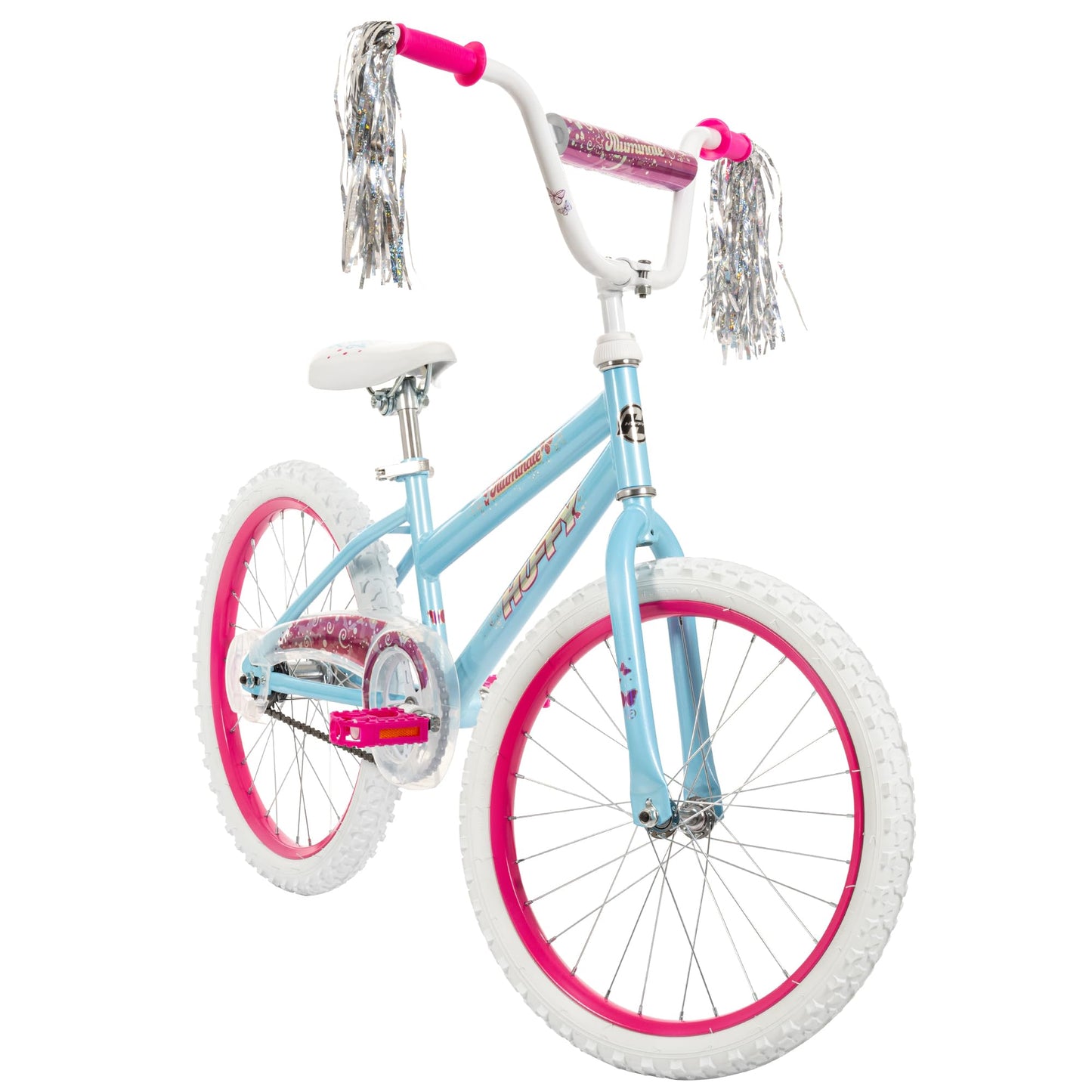 Huffy Illuminate 20” Girl’s Bike, Sky Blue Frame with Butterfly Graphics, Kickstand Included, Streamers and Chain Guard, White Tires and Pink Rims