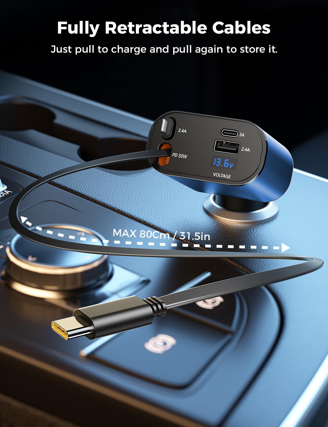 【Upgraded】 SUPERONE Retractable Car Charger 4 in 1, Fast Car Phone Charger with Cord 2.6ft, USB C and Apple Car Adapter, Compatible with iPhone 16 15/15 Pro Max/14/13/12/11, Galaxy, Pixel