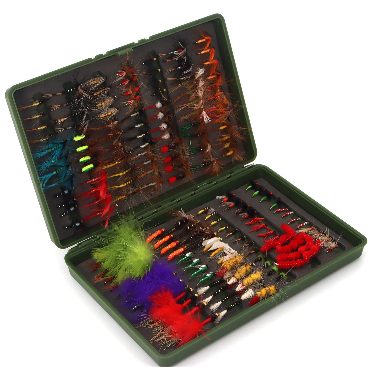 Fly Fishing Flies Assortment Kit Dry Wet Nyphms Tenkara Popper Streamer Woolly Bugger for Trout Bass Salmon Steelhead with Fly Box