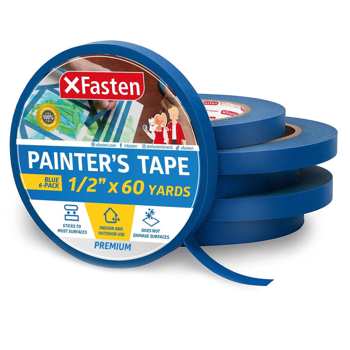 XFasten Blue Painters Tape Bulk 3-Inch x 60-Yards (12-Pack, 2160ft Total) Wall Safe Painters Tape 3 Inch Wide, Blue Masking Tape Bulk, Paint Tape for Walls, Painting, Automotive