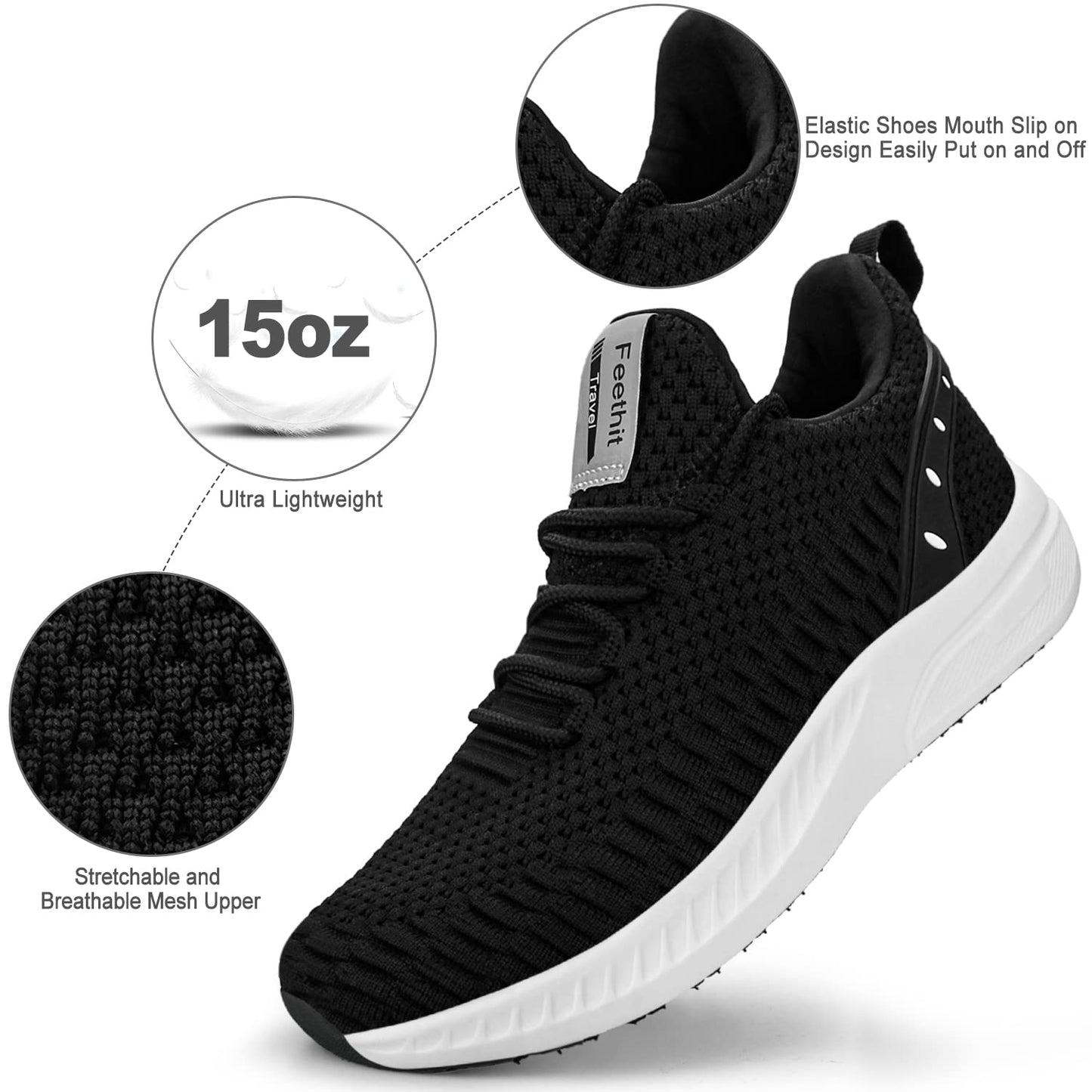 Feethit Mens Slip On Walking Shoes Non Slip Tennis Running Shoes Lightweight Workout Sneakers Black White Size 11.5
