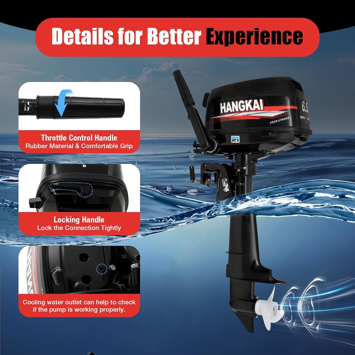 4-Stroke HANGKAI 6.5HP Outboard Motor Gas Powered, 123CC Fishing Boat Engine Outboard Motor Engine for Inflatable Boat Kayak Canoe Sailboat 5000-6000r/Min