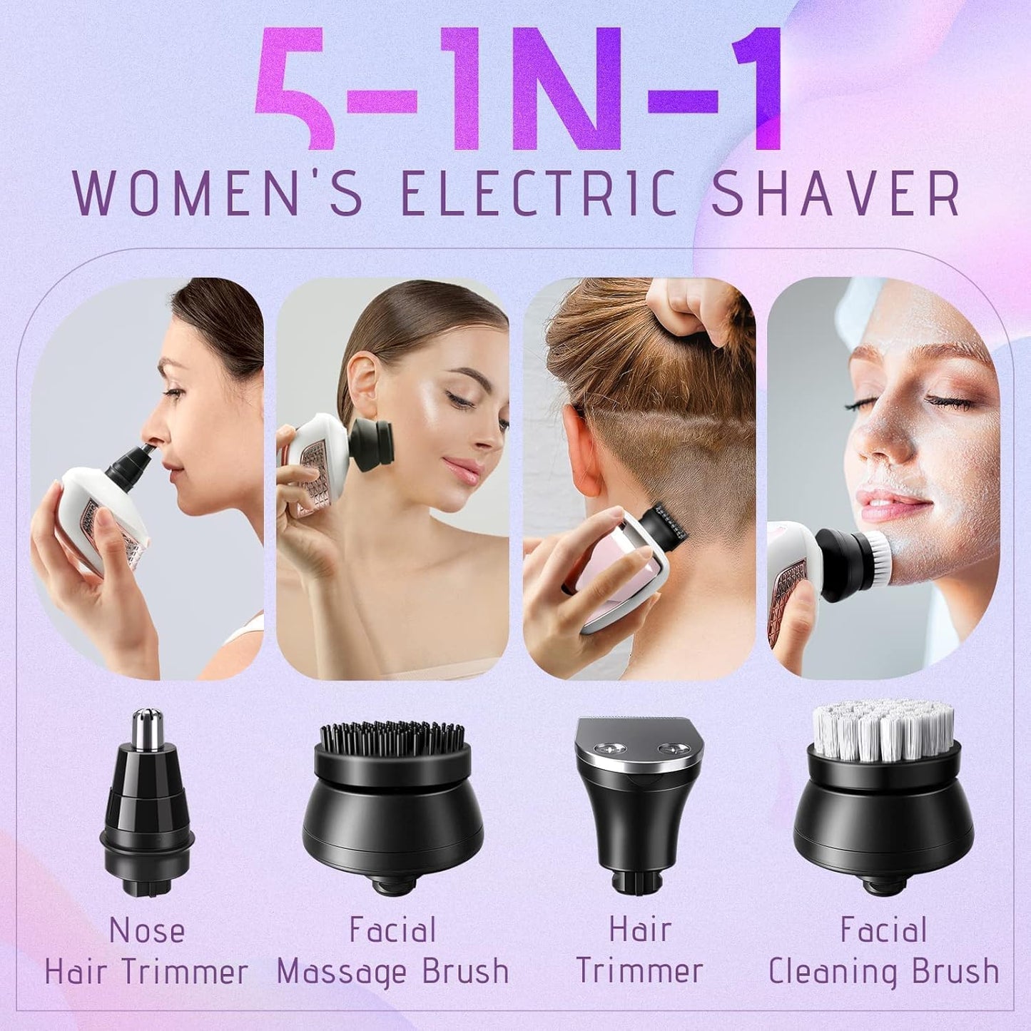 Wyklaus Electric Razors for Women Legs: 5-in-1 Rechargeable Body Shaver - Waterproof Wet Dry Hair Remover - Trimmer for Lady Face Underarms Public Men