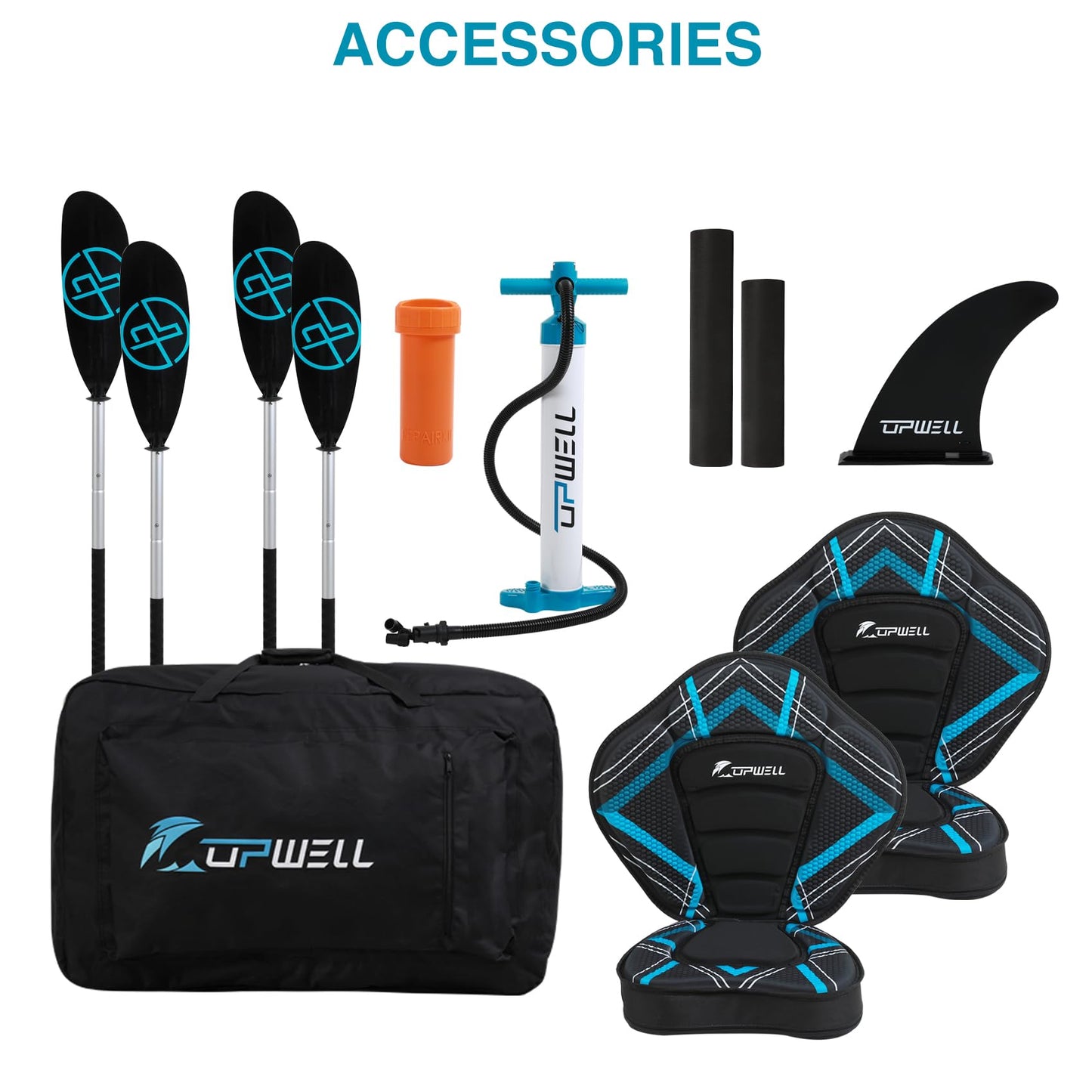 UPWELL 13'6”/11' Inflatable Recreational Kayak - 2 Person with Drop Stitch Floor and Accessories Including Kayak Seats with High Back Support, Paddle, Fin, Repair Kits, Carry Bag and Hand Pump