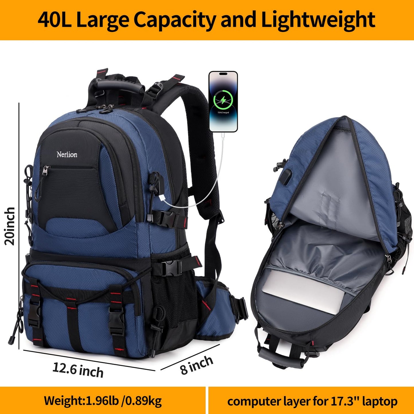 Nerlion 40L Hiking Backpack Travel Backpack for Men Women Camping Waterproof Outdoor Hiking Daypack Lightweight Backpack (Orange)