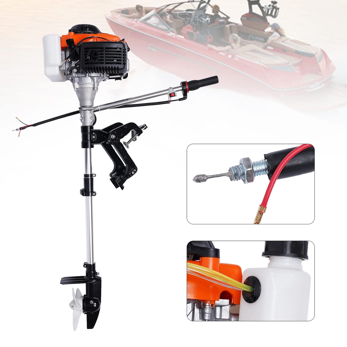 6HP Heavy Duty Outboard Motor, 170cc 4 Stroke Gas Outboard Boat Motor Engine with Air Cooling System, 3.2KW Single Cylinder Fishing Boat Engine for 3-7m Length