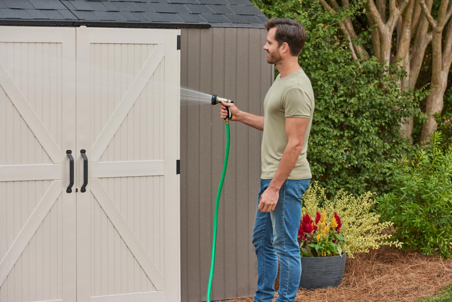 Rubbermaid Extra Large Resin Outdoor Storage Shed With Floor (7 x 10 Ft.), Weather Resistant, Brown, Organization for Home/Lawn Mower/Backyard Equipment/Bike Storage/Pool Supplies