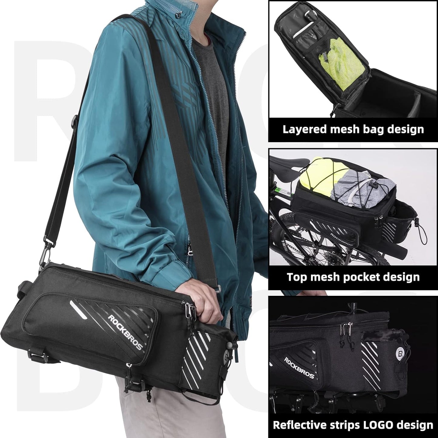 ROCK BROS Bike Rack Bag Bicycle Bag Trunk Rear Rack Bag Bike Panniers Bike Accessories Basket Storage Luggage Saddle Shoulder Bag 13L for E bike, Bicycle With Rain Cover