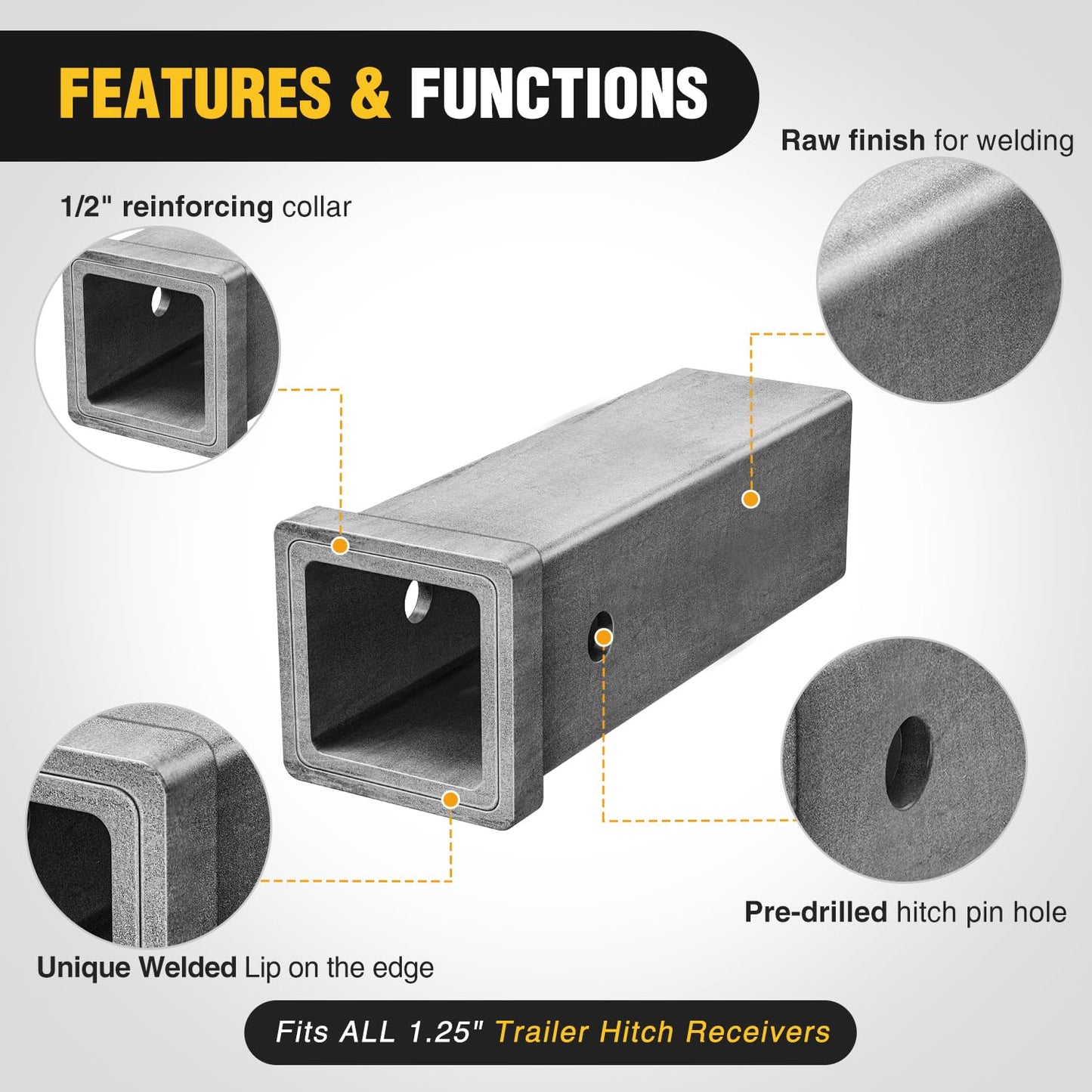 Nilight Trailer Hitch Receiver Extender Adapter Reducer 1-1/4 to 2Inch Hitch Adapter 6-1/2 inch Extension Sleeve Convertor 350Lbs with 1/2-Inch Diameter Pin and Clip with 5/8-Inch Adapter