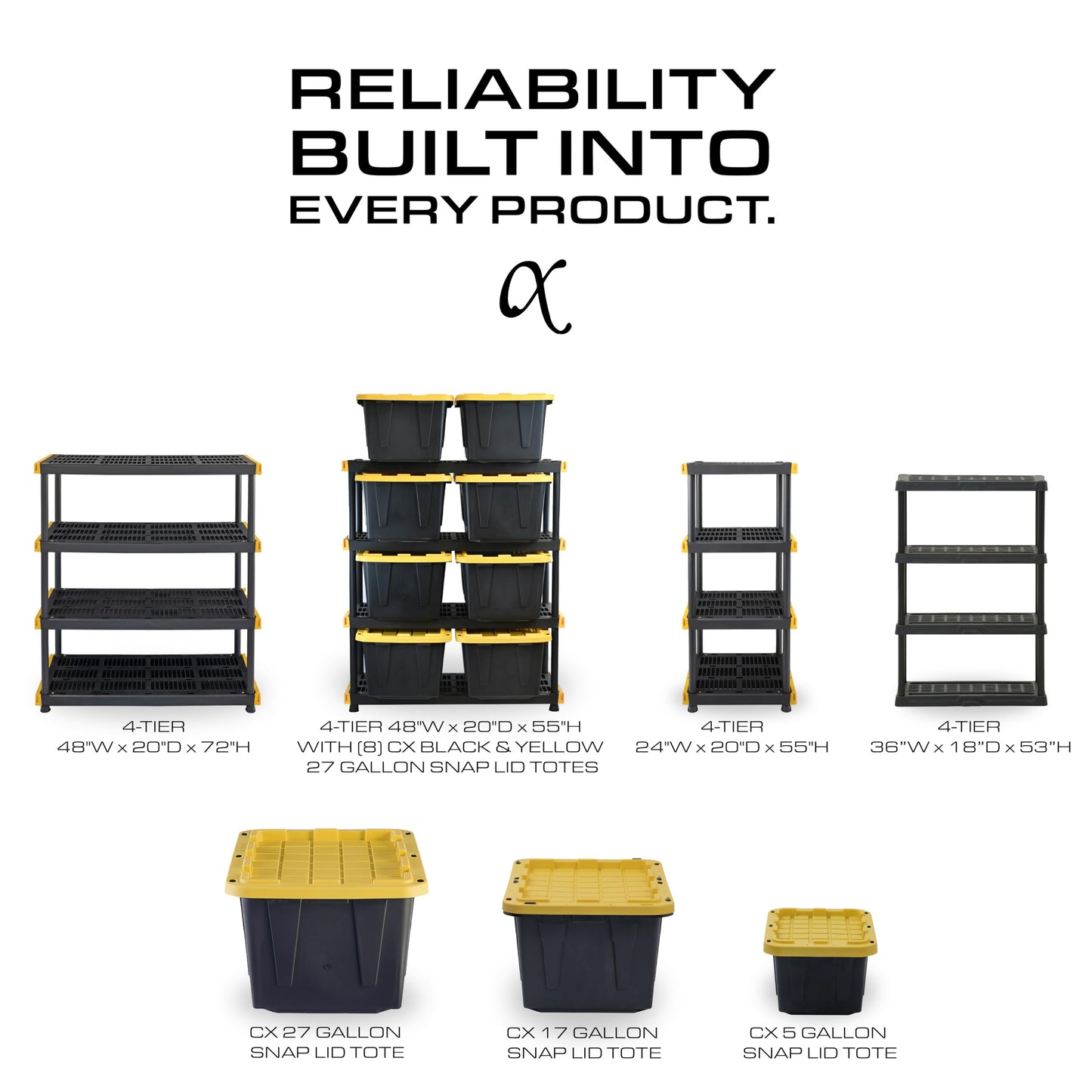 BLACK & YELLOW, 4-Tier Heavy Duty Plastic Storage Shelving Unit, 200lbs/shelf (55"H x 48"W x 20"D), for Indoor/Outdoor Organization, Modular Rack