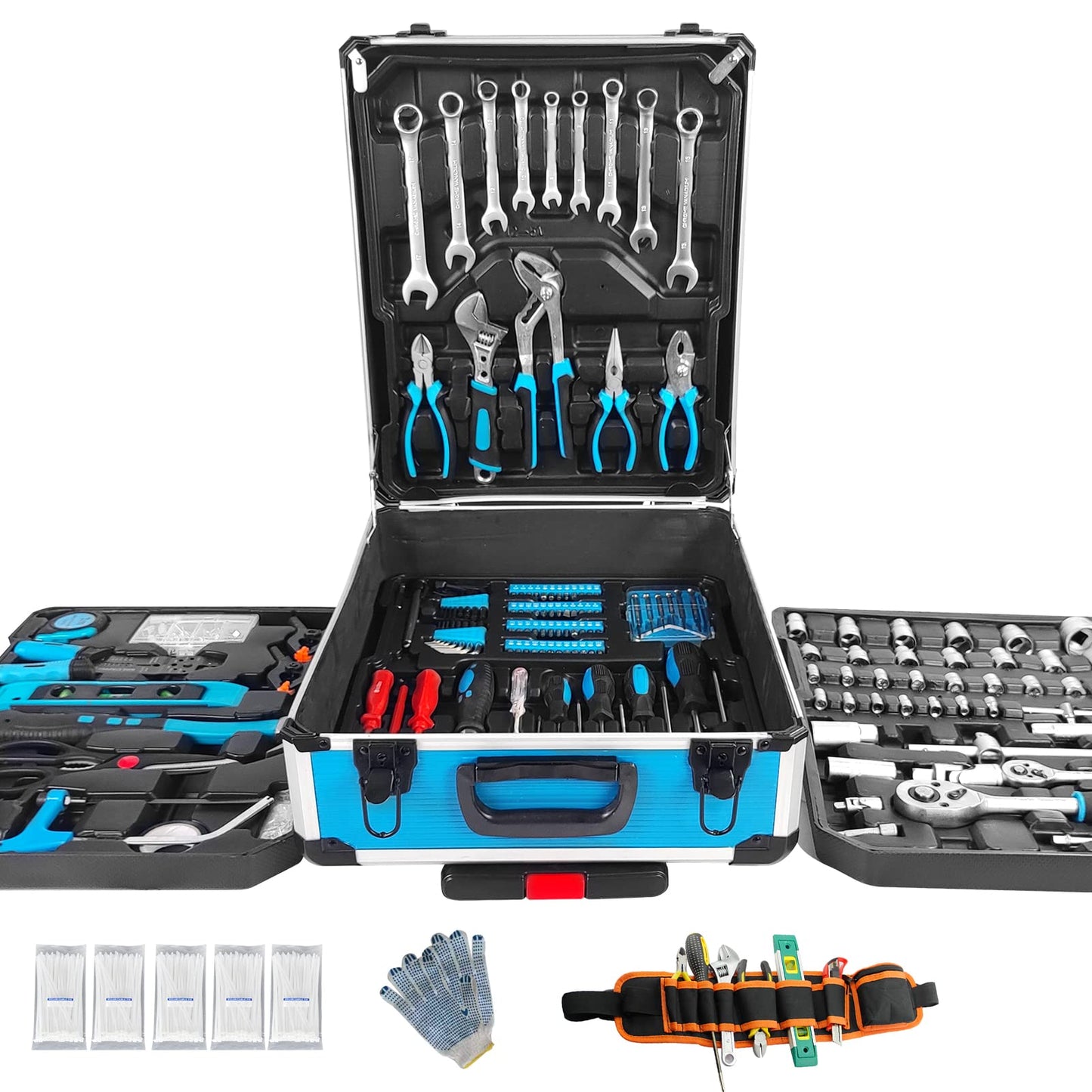 Arcwares 799pcs Aluminum Trolley Case Tool Set Silver, House Repair Kit Set, Household Hand Tool Set, with Tool Belt,Gift on Father's Day (Black)
