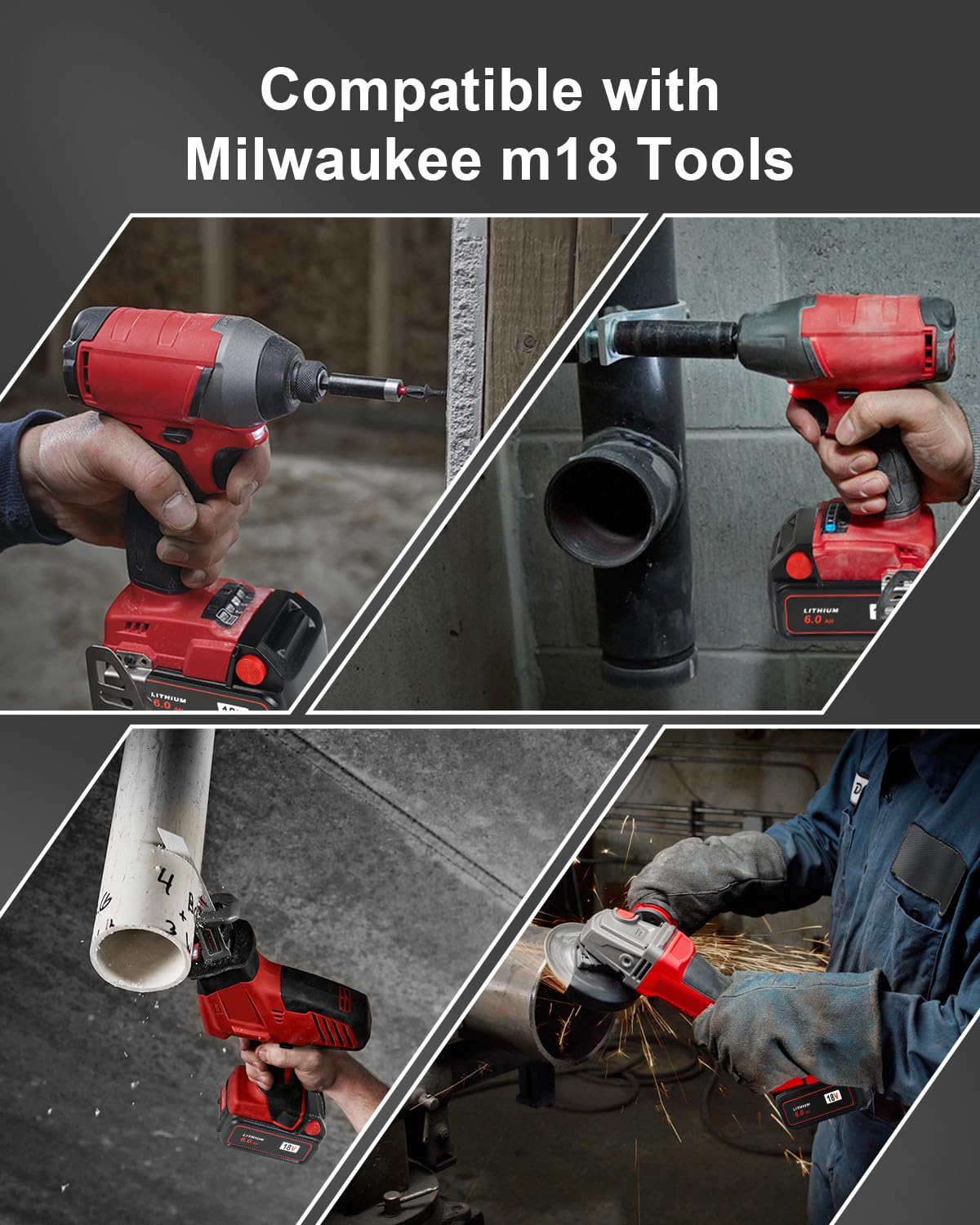 6packs 6.0Ah Replacement Battery Compatible with Milwaukee M -18 18v 6000mAh