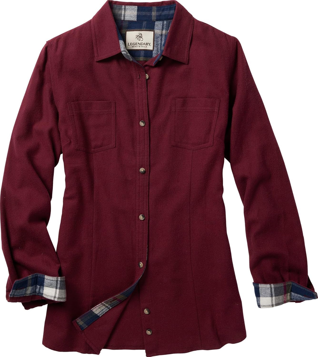 Legendary Whitetails Womens Cottage Escape Flannel Long Sleeve Plaid and Solid Color Clothes, Fitted Button Down