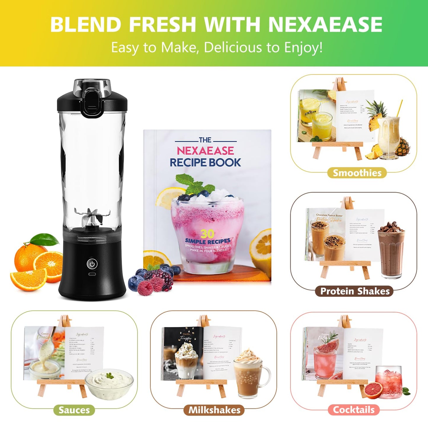 Portable Blender with Insulated Carrying Case & Recipe Book for Shakes and Smoothies, 24 OZ Personal Juicer Electric Protein Shaker Bottle, Mini Small Blender Cup with USB-C Rechargeable, Travel Lid