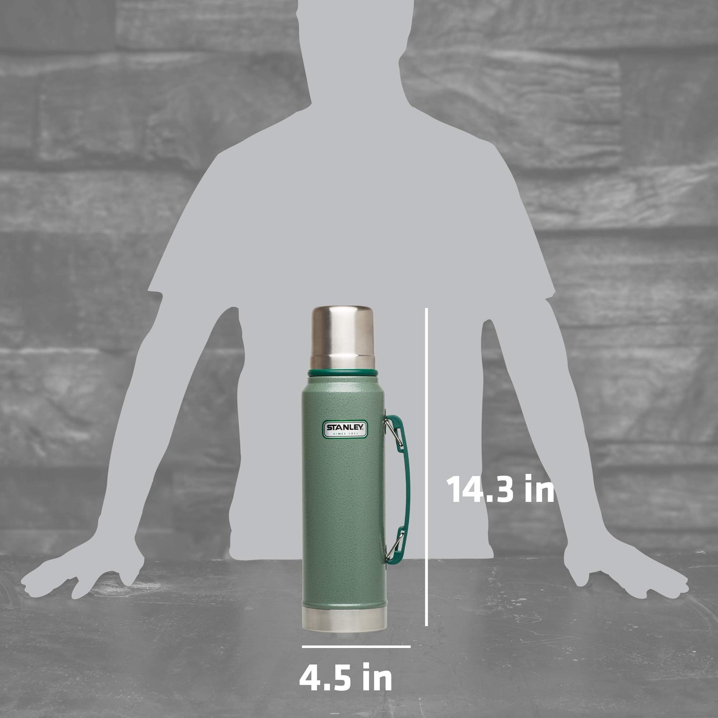 Stanley Heritage Classic Vacuum Bottle with Handle 1.1 qt | Wide Mouth with Leakproof Cup Lid | Keep Drinks Hot or Cold for Travel | Insulated Stainless Steel Thermos | BPA-Free | Hammertone Green