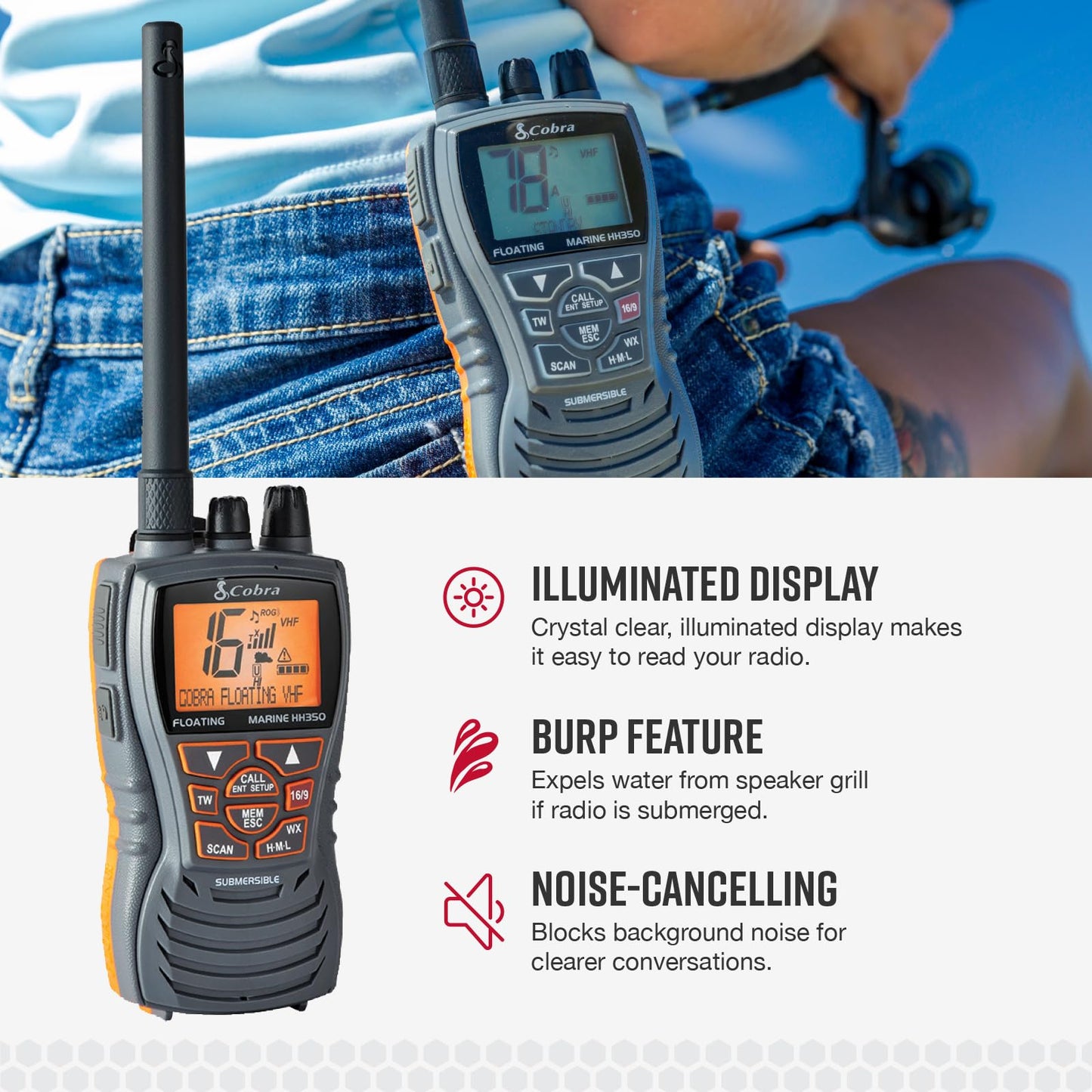 Cobra MR HH350 FLT Handheld Floating VHF Radio - 6 Watt, Submersible, Noise Cancelling Mic, Backlit LCD Display, NOAA Weather, and Memory Scan, Grey
