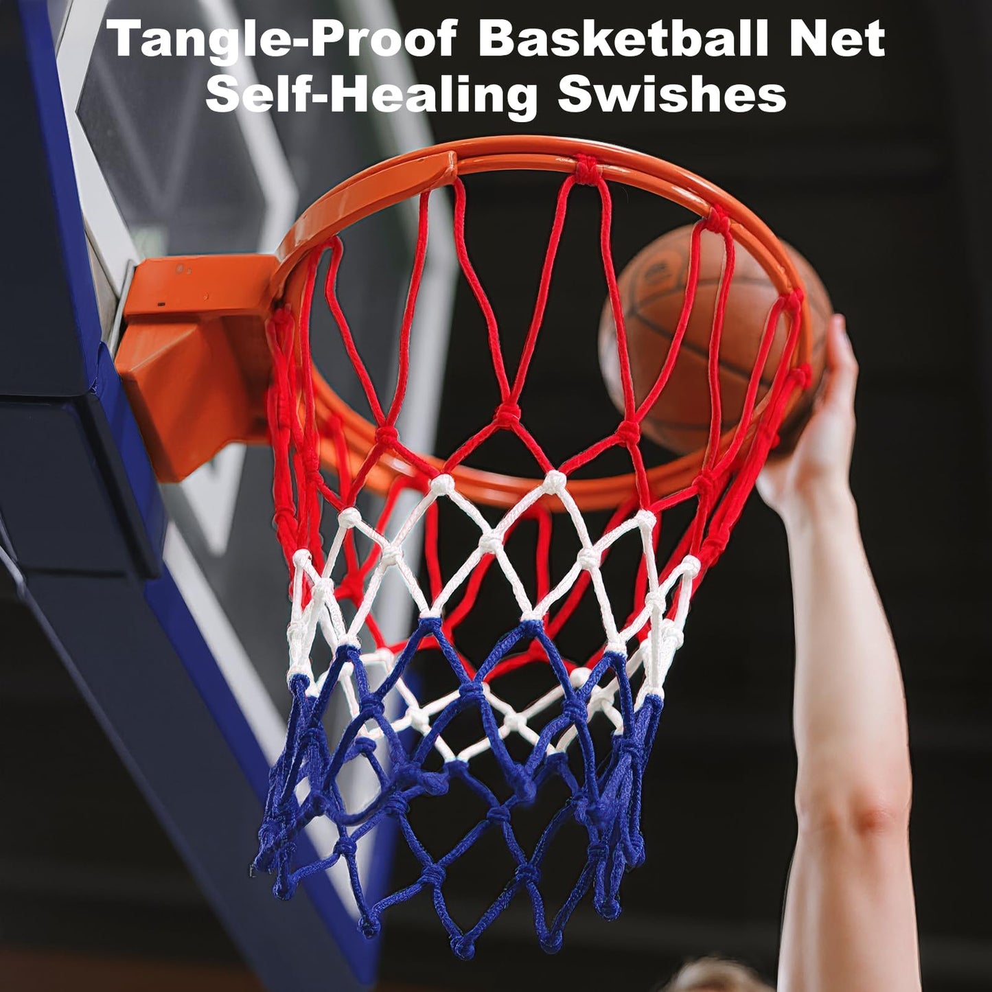 ELFFILLA Basketball Net Heavy Duty 7.16oz Professional Grade, All Weather Anti Whip Basketball Net Replacement for Outdoor Indoor Standard Hoop, 12 Loops Reinforced (Red White Blue)