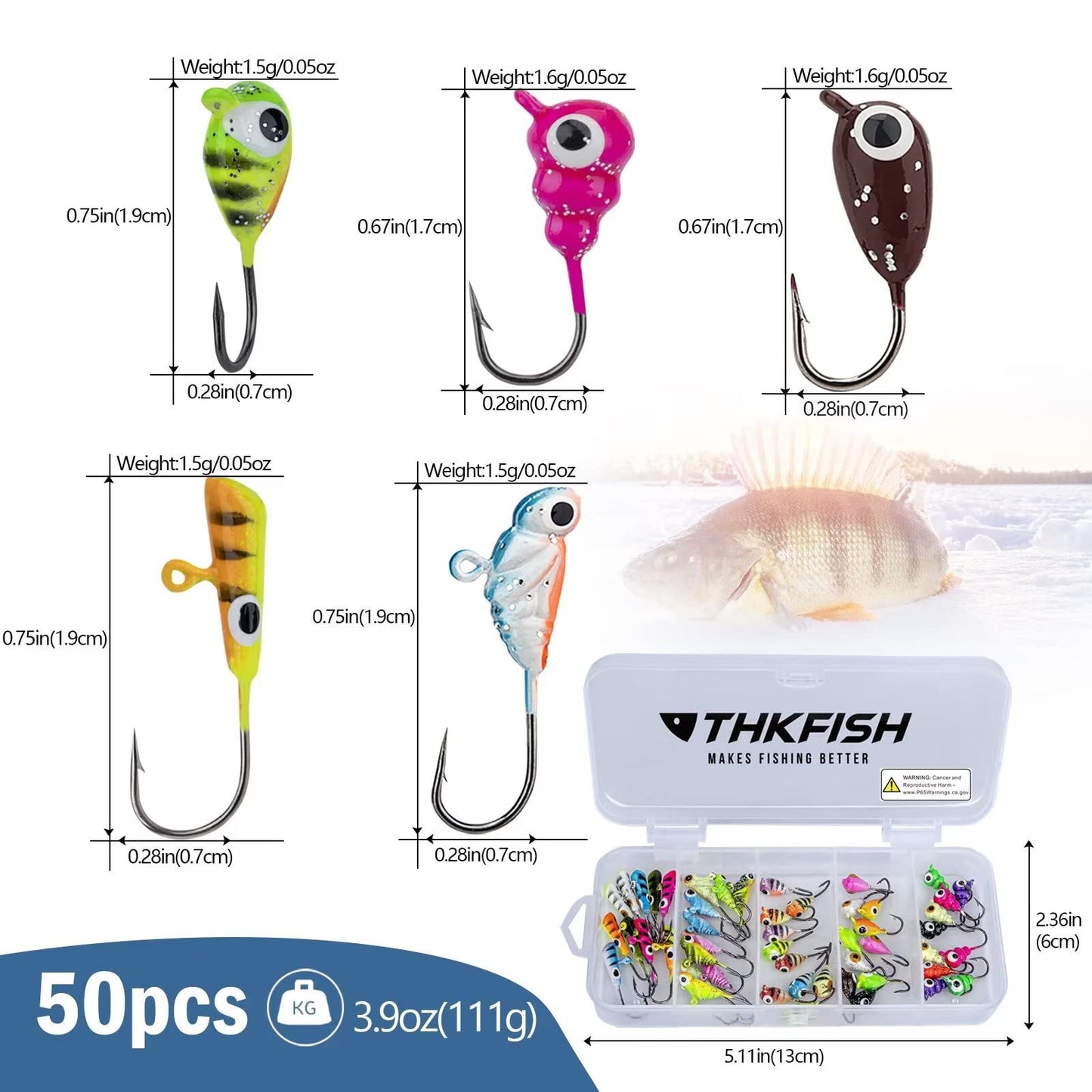 THKFISH Ice Fishing Jigs Kit Ice Fishing Lures for Walleye Perch Jigs Heads for Ice Fishing Tackle Panfish Crappie Jigs 50PCS/31PCS