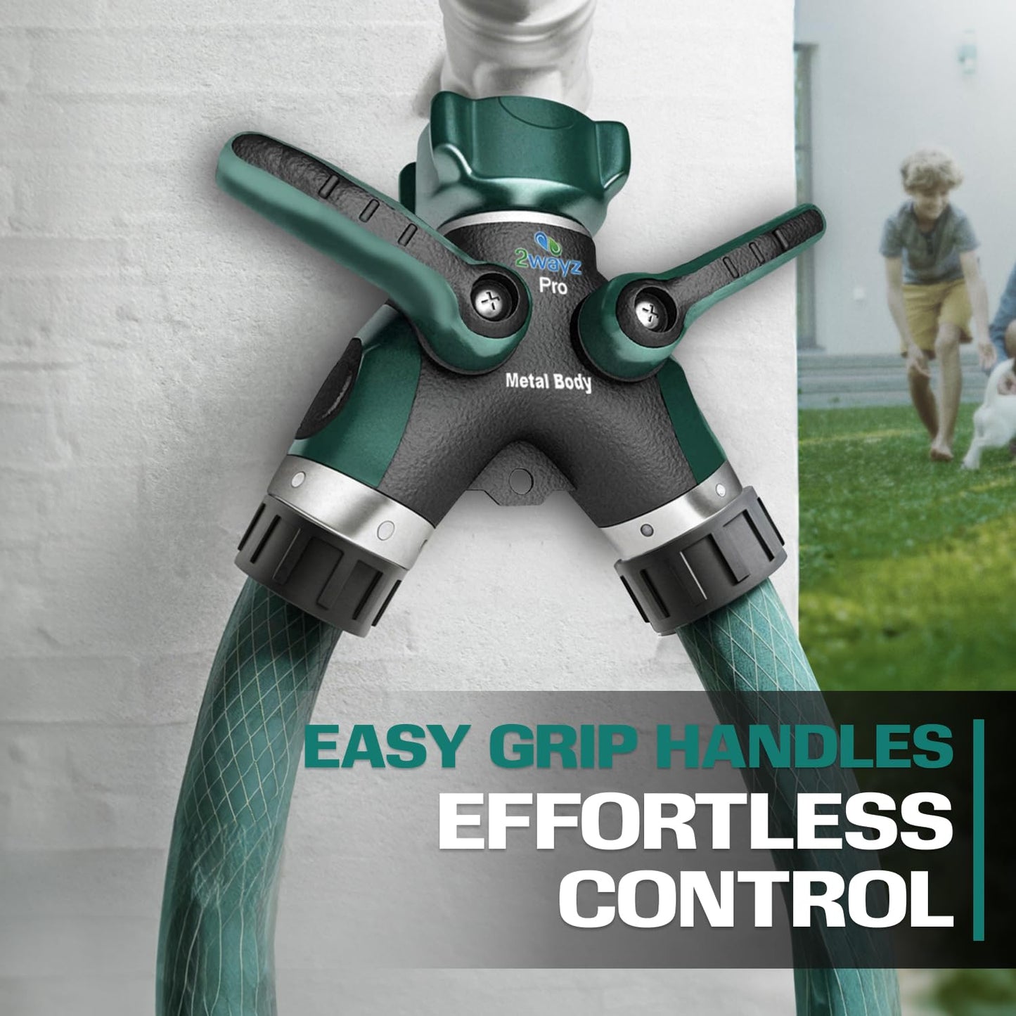 Hose Splitter 2 Way Heavy Duty - 2WAYZ Outdoor Faucet and Garden Hose Splitters - Durable Water Spigot Splitter Y Adapter - All-Metal Water Pipe Connector with Shut-Off Valve - 4" x 4" x 1.5"