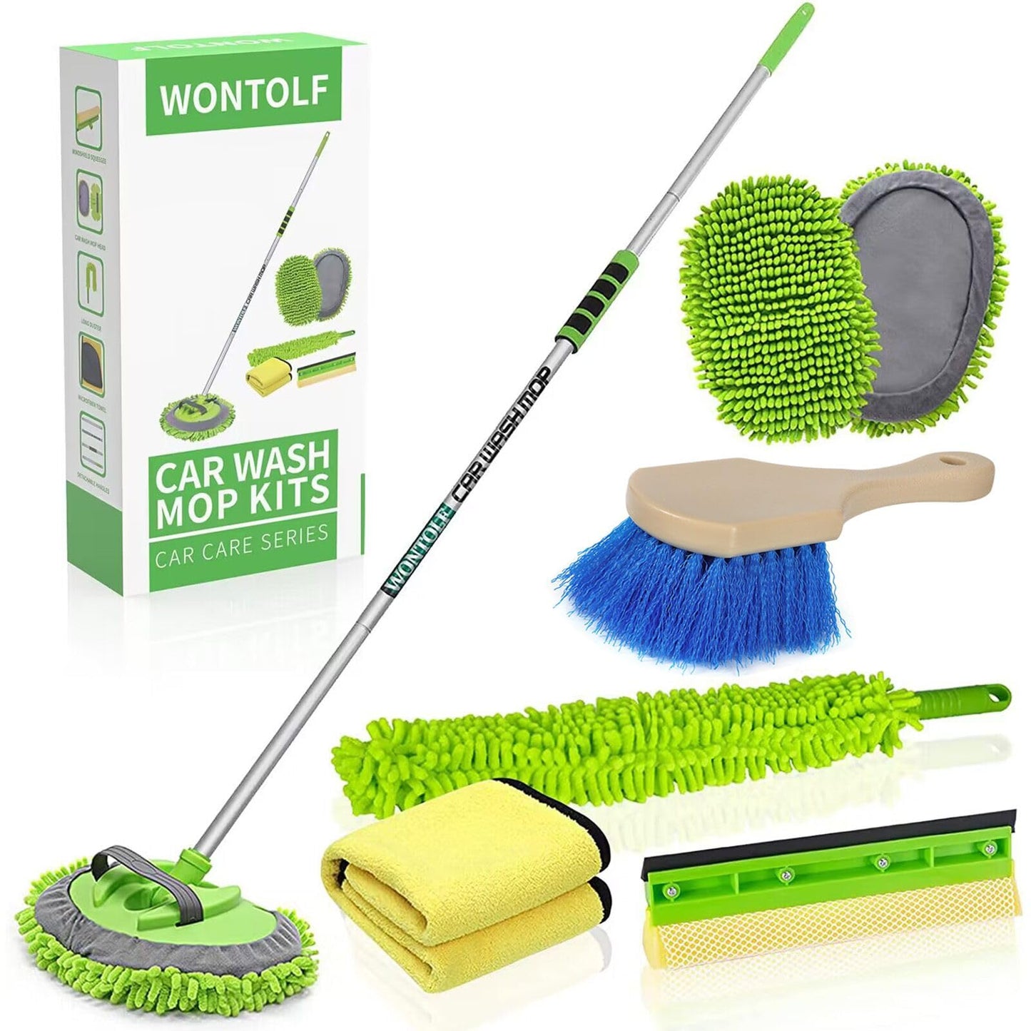 62'' Car Wash Brush with Long Handle Chenille Microfiber Car Wash Mop Mitt Car Cleaning Kit Windshield Window Squeegee Car Duster Microfiber Towels Wheel Tire Brush for Cars RV Truck Boat