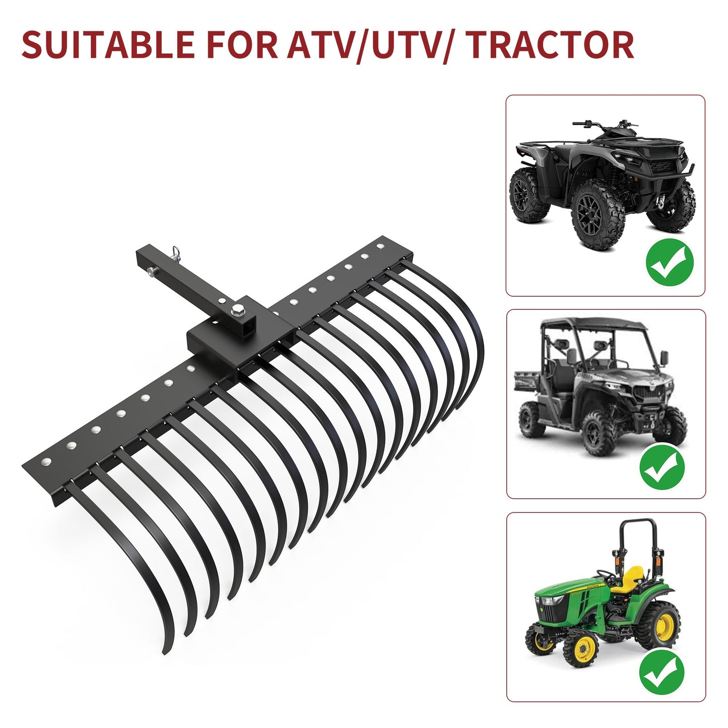 YITAMOTOR 4FT Tractors Rake 17 Pine Straw Rake Fits 2" Receiver for Lawn Tractors or ATV/UTV