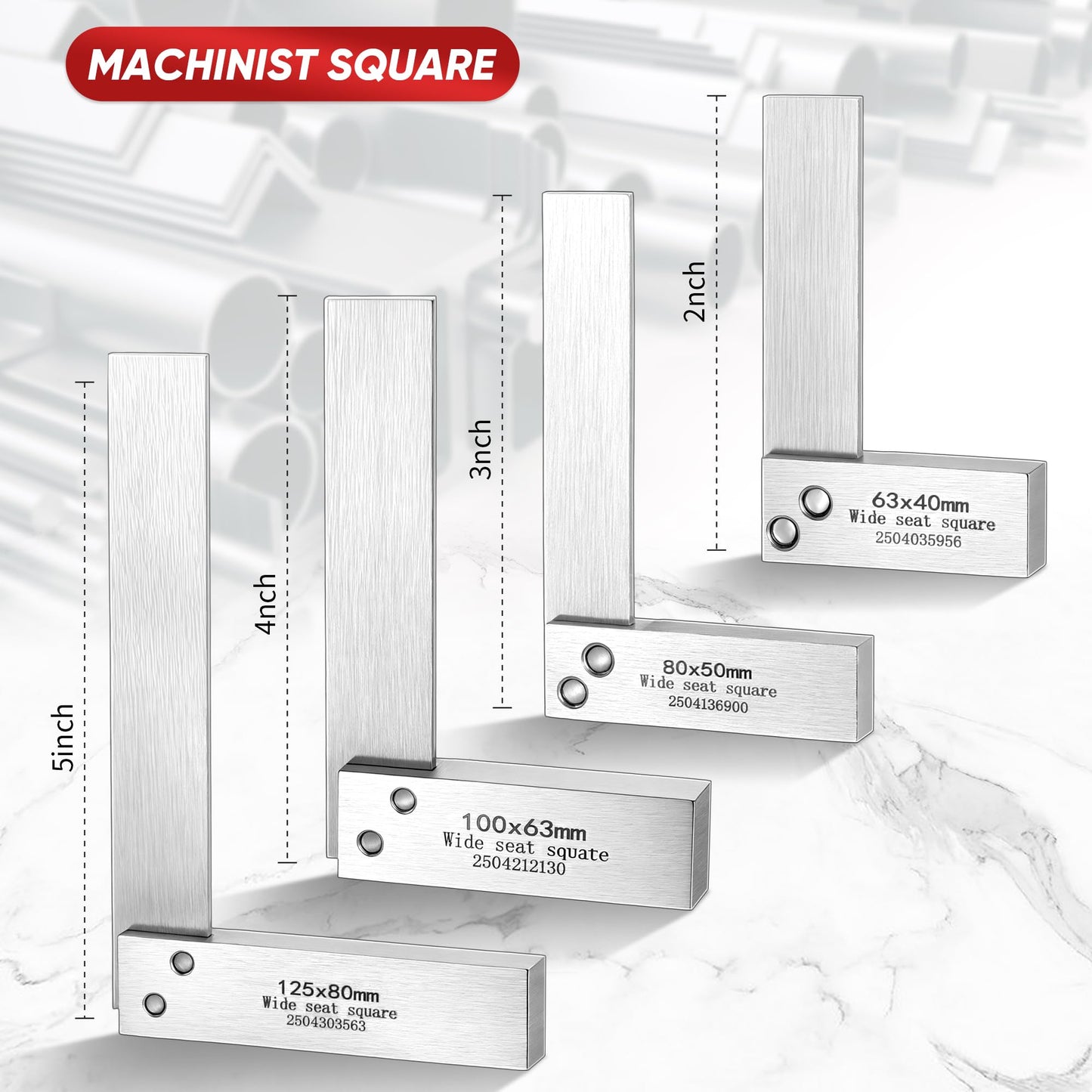 Machinist Square Set, 2", 3", 4" and 6" Squares Machinist Engineer Steel Benchmark Measure Tools High Precision 90 Degree Wide Base Tool L-Type Testing Measuring Tool