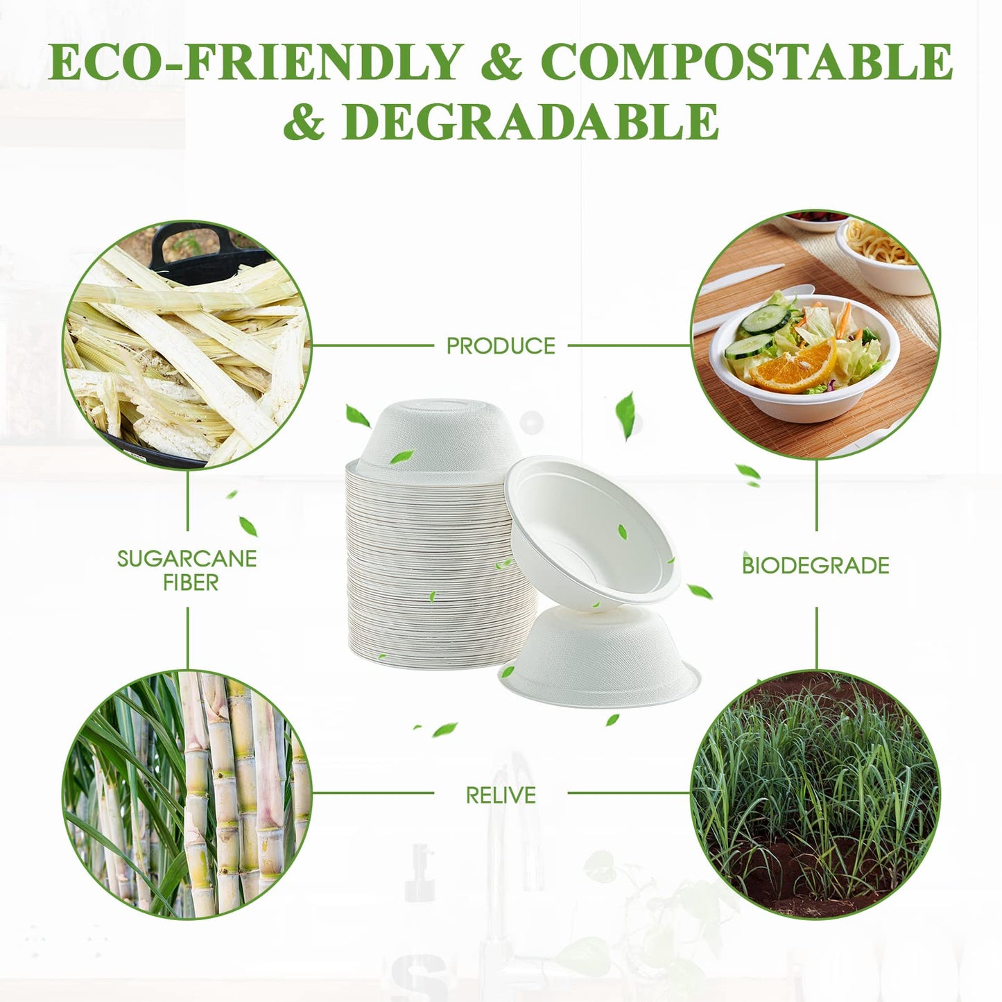 Vplus 500 Pack 12 OZ Paper Bowls Bulk, Disposable Compostable, Eco-friendly Bagasse, Heavy-duty Bowls Perfect for Milk Cereals, Snacks, Salads