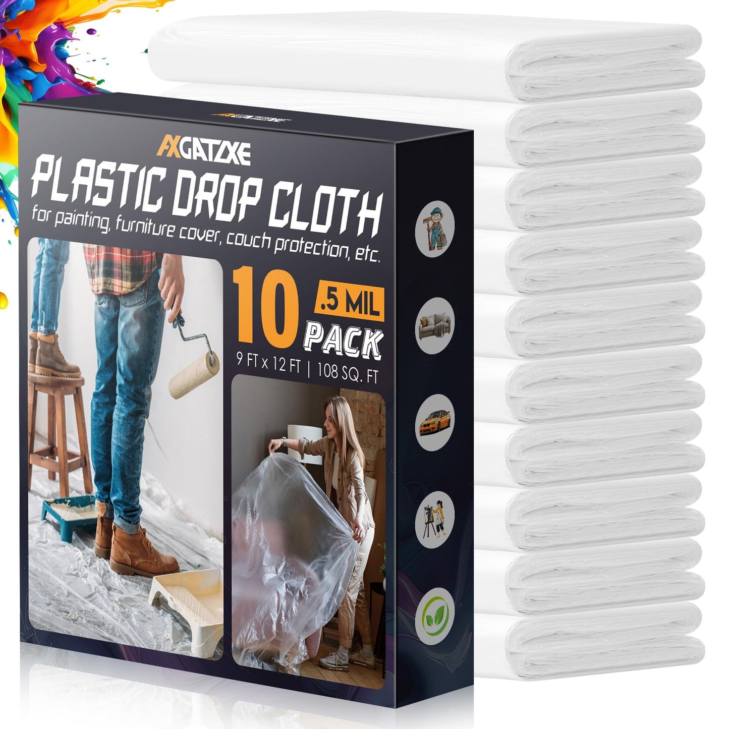 12 x 9 Ft Plastic Drop Cloths (6-Pack) - Disposable Painter's Sheeting & Tarps for Painting, Waterproof Furniture/Couch/Floor Protection