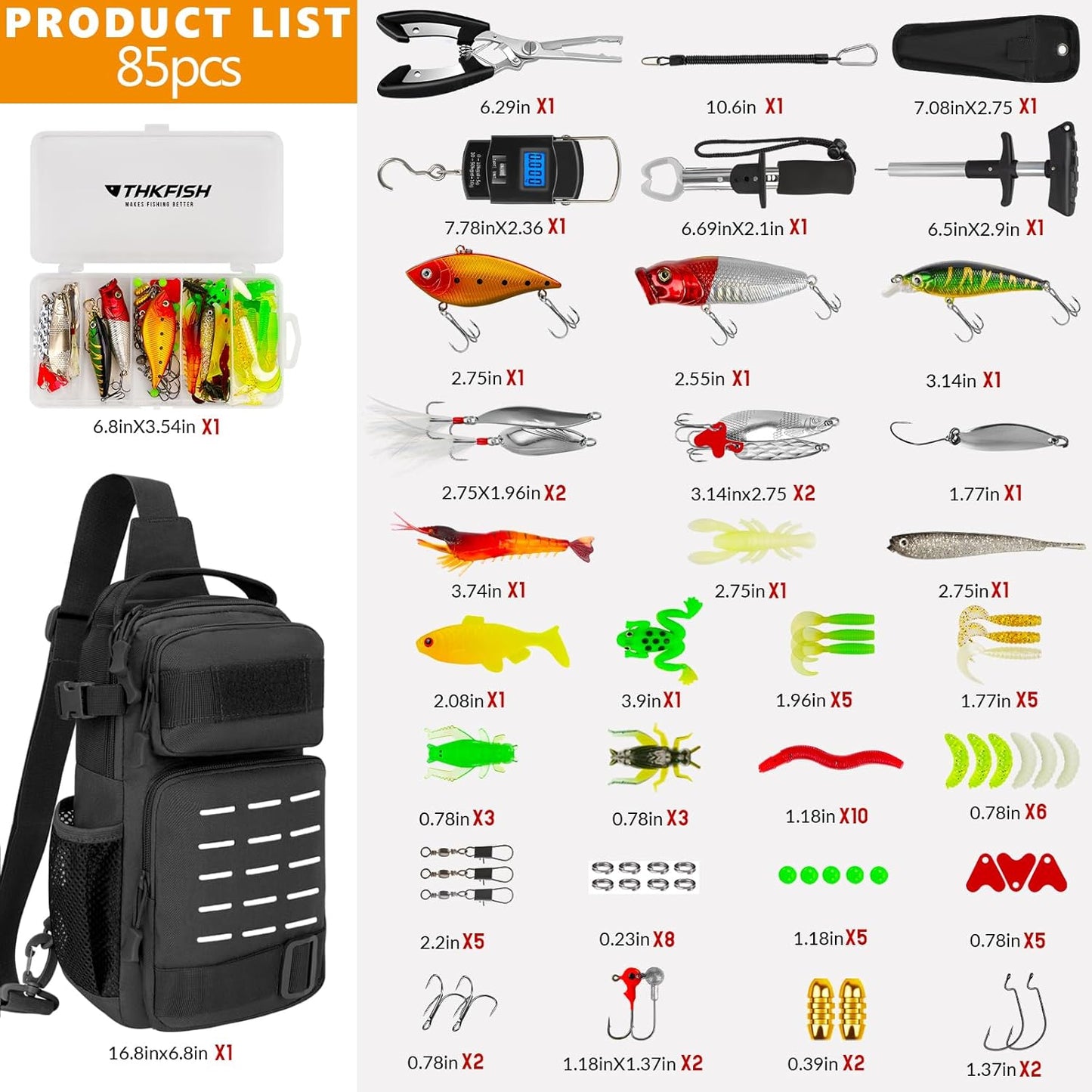 THKFISH 85Pcs Fishing Tool Kit, Fishing Backpack with Tackle Boxes Included, Fishing Tackle Kit Include Fishing Bait Lure Gear Kit, Fishing Pliers, Fish Hook Remover, Lip Gripper