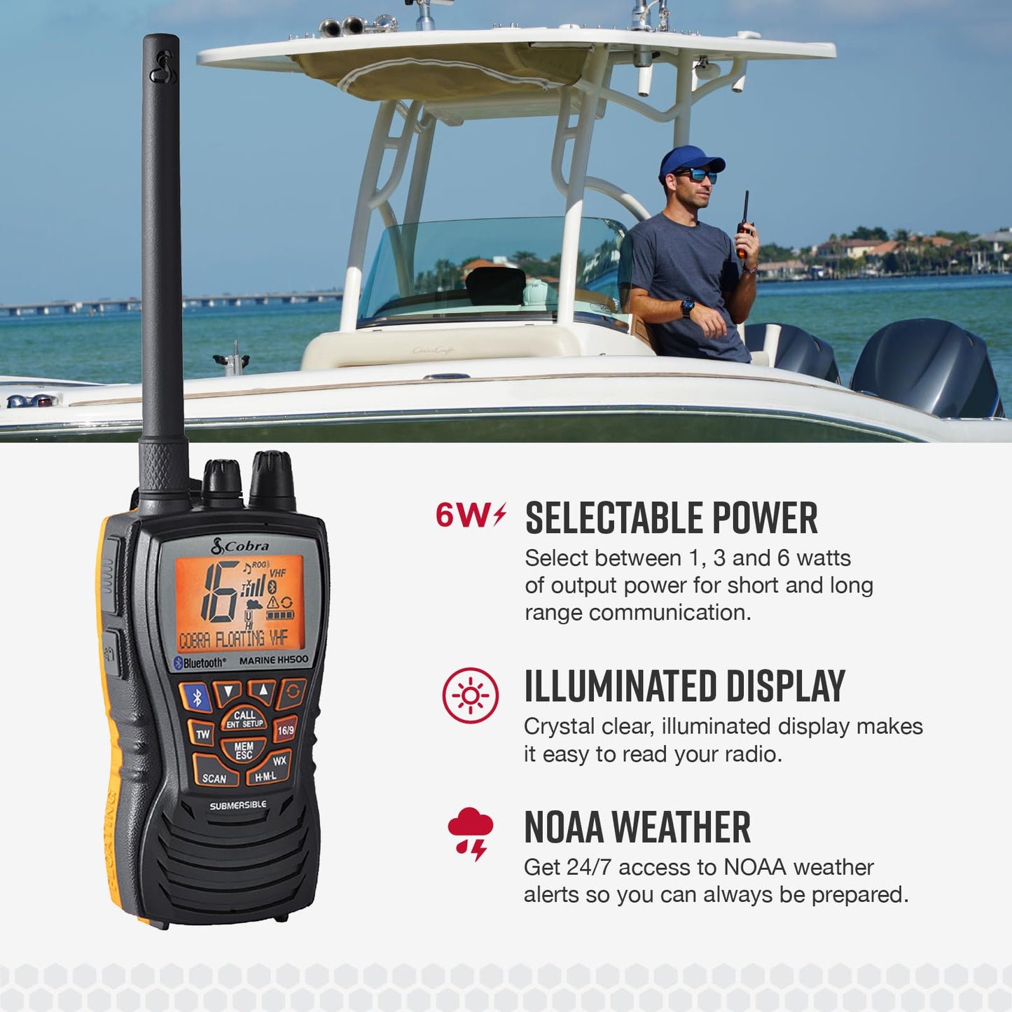 Cobra MR HH350 FLT Handheld Floating VHF Radio - 6 Watt, Submersible, Noise Cancelling Mic, Backlit LCD Display, NOAA Weather, and Memory Scan, Grey