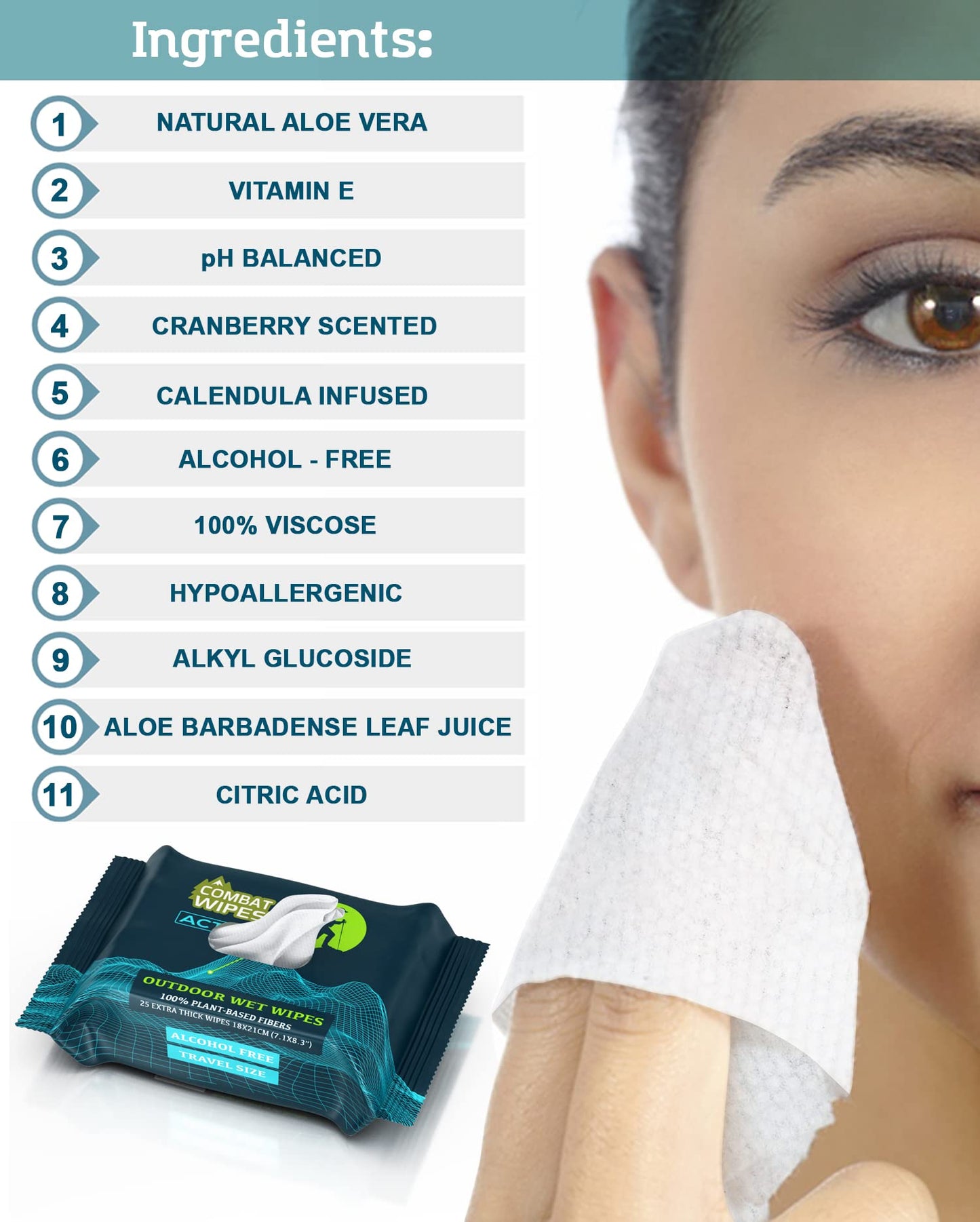 Combat Wipes ACTIVE Outdoor Wet Wipes - Extra Thick Camping Gear, Biodegradable, Body & Hand Cleansing/Refreshing Cloths for Backpacking & Gym w/Natural Aloe & Vitamin E (25 Wipes)
