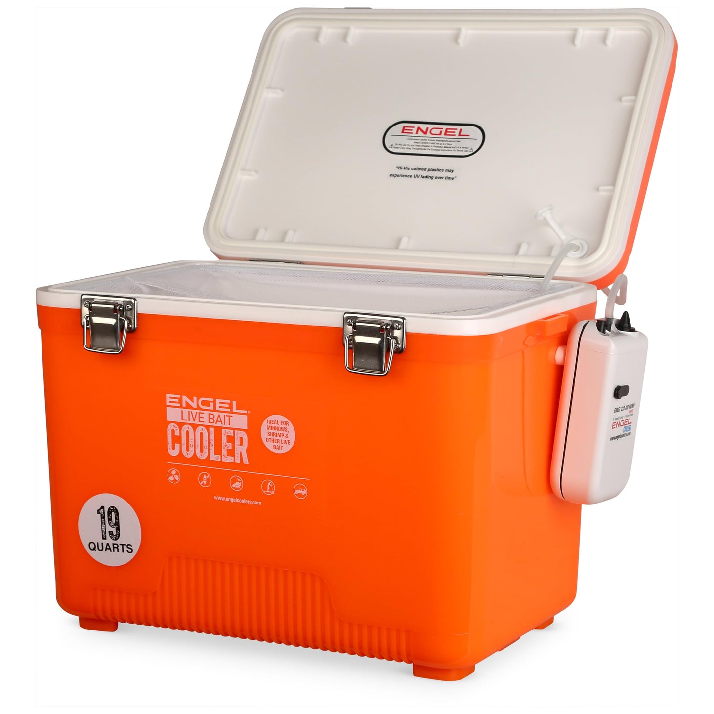 Engel Live Bait Cooler Box with 2nd Gen 2-Speed Aerator Pump - Portable Fishing Station & Minnow Bucket for Shrimp & Other Live Fish with Aerator - ENGLBC-N