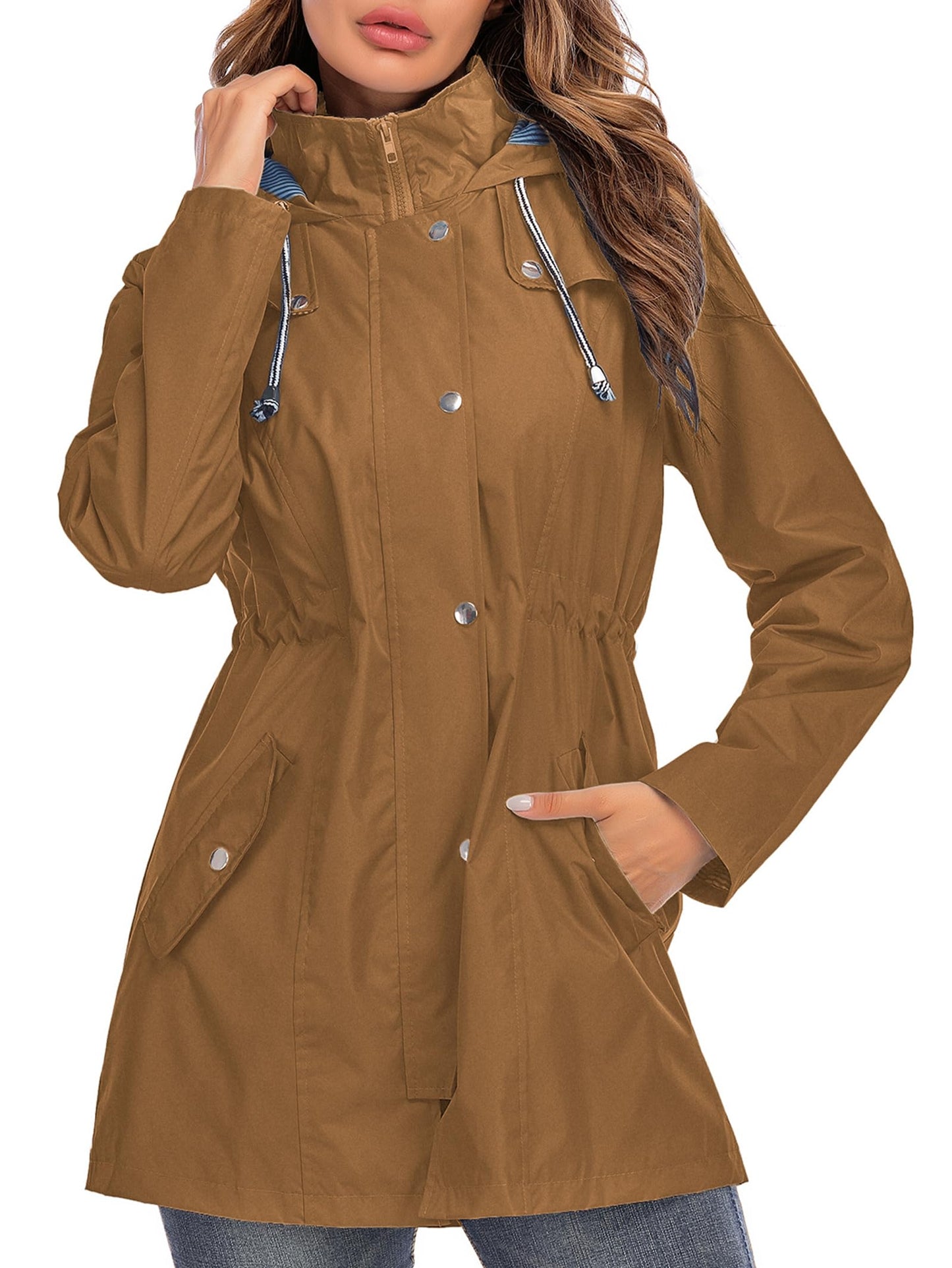 Rain Jacket Women Striped Lined Hooded Lightweight Raincoat Outdoor Waterproof Windbreaker
