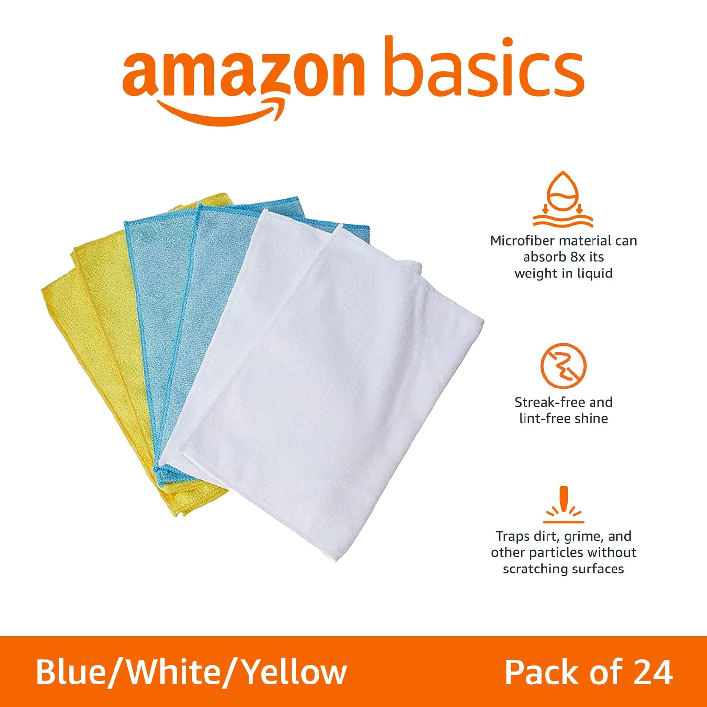Amazon Basics Microfiber Cleaning Cloths, Ultra Absorbent, Lint Free, Streak Free, Non-Abrasive, Reusable and Washable, 16" x 12", Blue/White/Yellow, Pack of 24