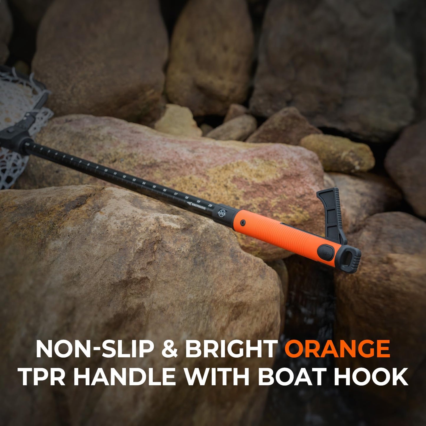 KastKing Brutus Folding Landing Net with Boat Hook, Foldable, Extendable, Lightweight & Strong, Multi-Functional Built-in Boat Hook, Non-Slip & Bright Orange TPR Handle, Two Nets Options