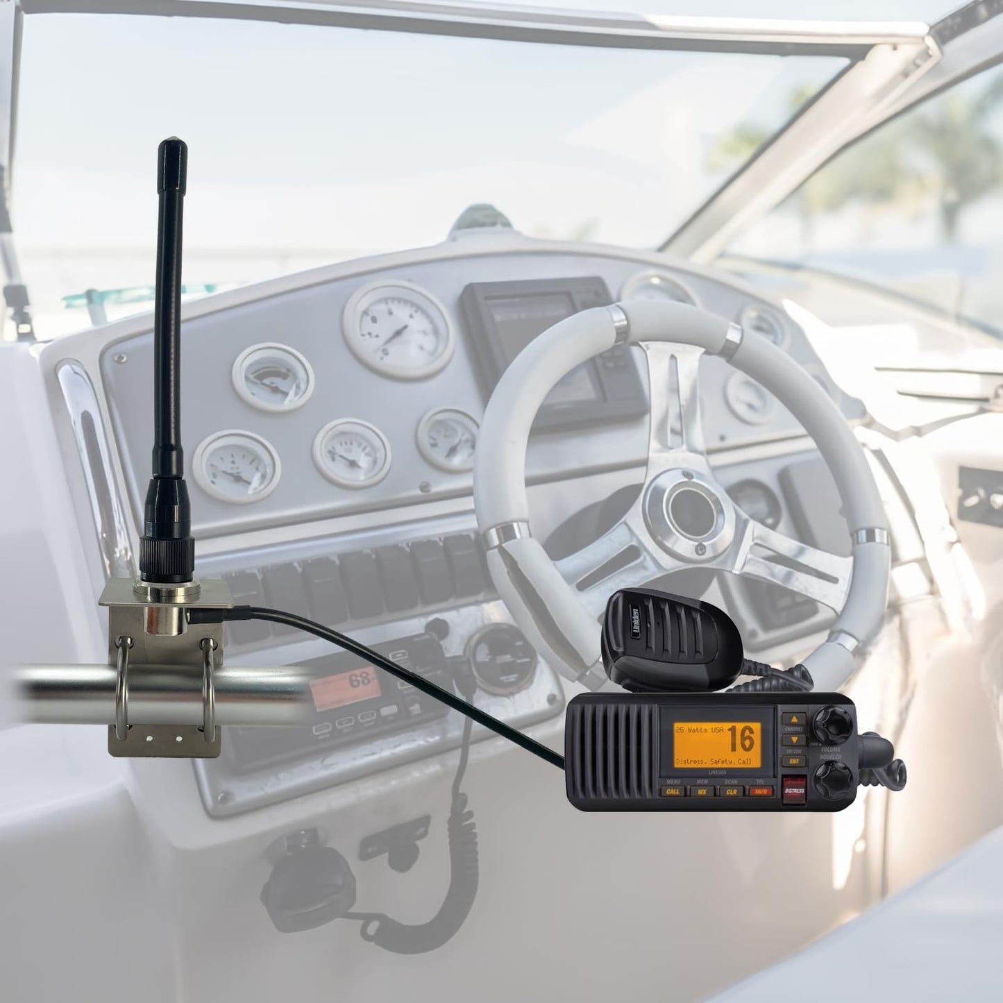 VM100 VHF Marine Radio Antenna,44 Inch Waterproof Fiberglass Boat Antenna with Adjustable Ratchet Fixed Mount and 16 ft RG-58U Cable