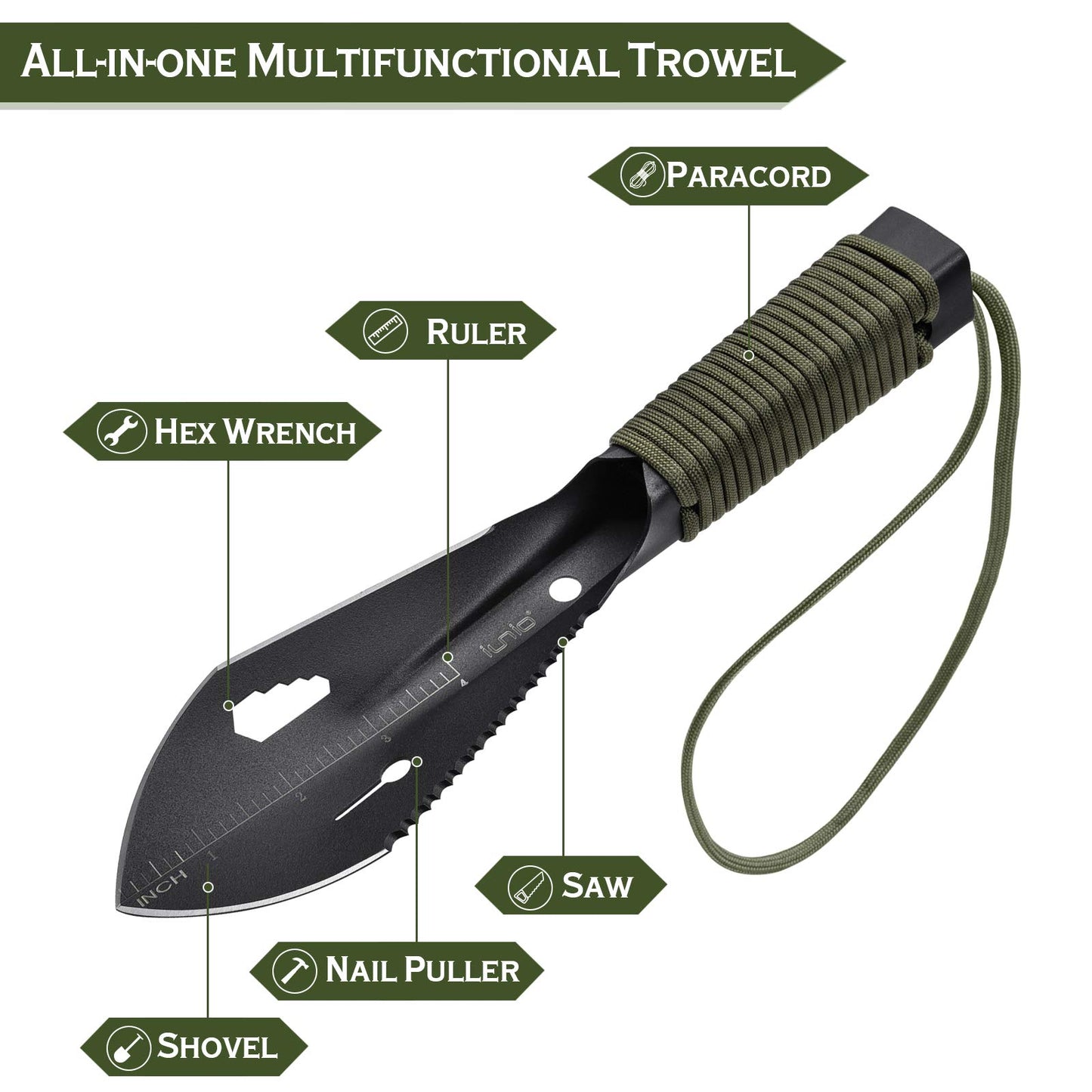 iunio Hiking Trowel, Camping, Backpacking, Portable Shovel, Multitool, Ultralight Camp Tool, with Carrying Pouch, for Gardening, Outdoor, Survival