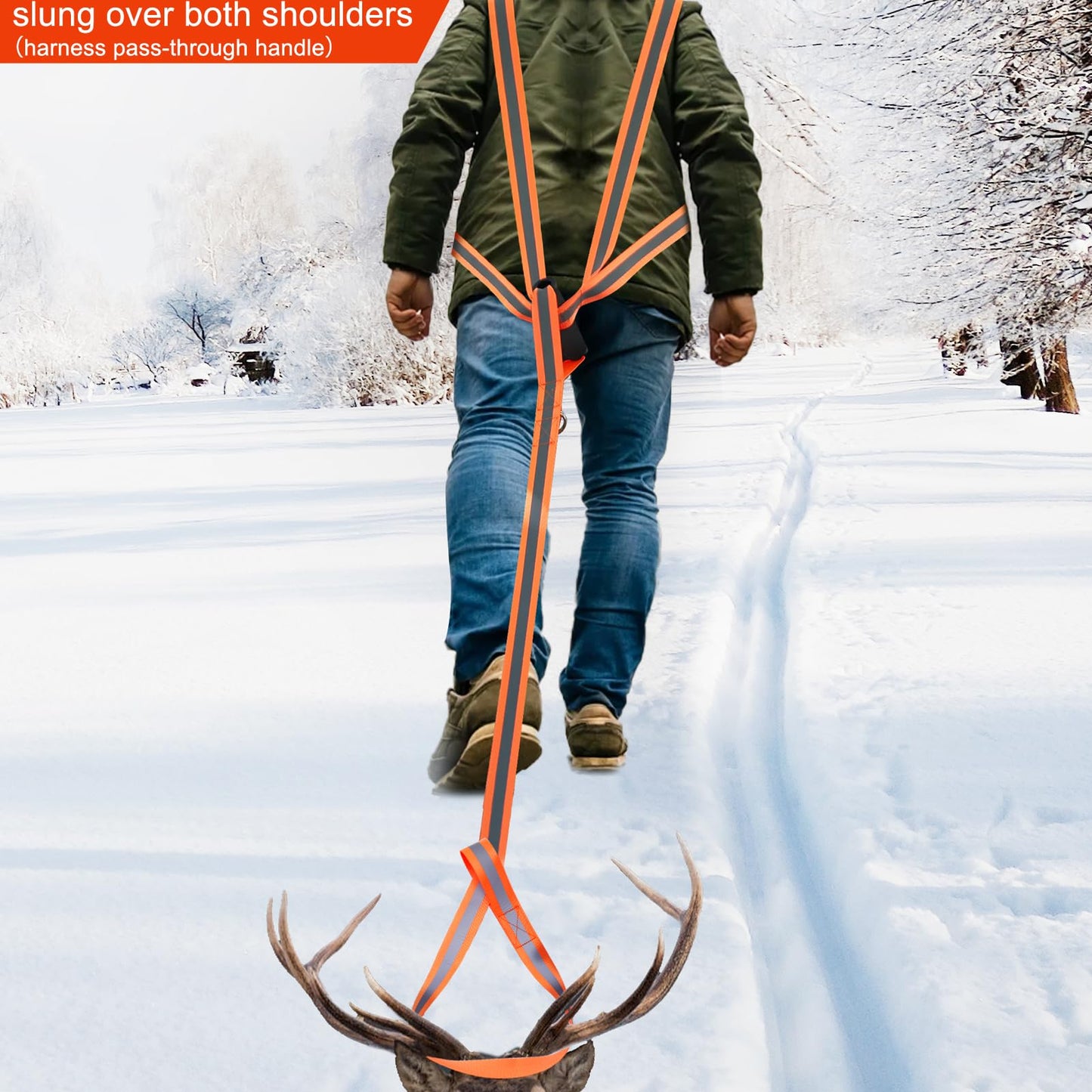 CHERAINTI Deer Drag Harness, Heavy Duty Deer Drag Strap Orange Deer Dragging Rope with Reflective Strip Soft Handle and Widen Shoulder Mens Deer Hunting Essentials Gear Accessories Gift for Hunters