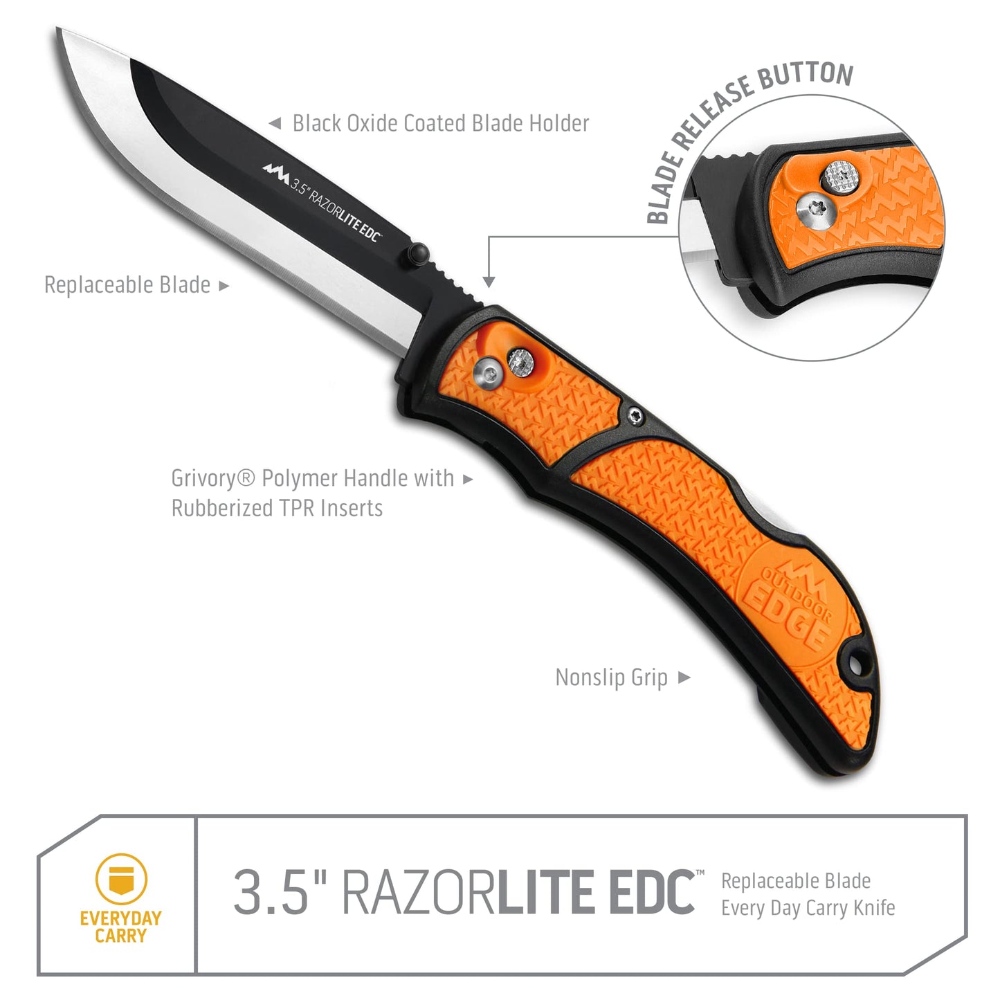 OUTDOOR EDGE 3.5" RazorLite EDC Knife. Pocket Knife with Replaceable Blades and Clip. Perfect For Hunting and Skinning Deer. Gray with 6 Blades