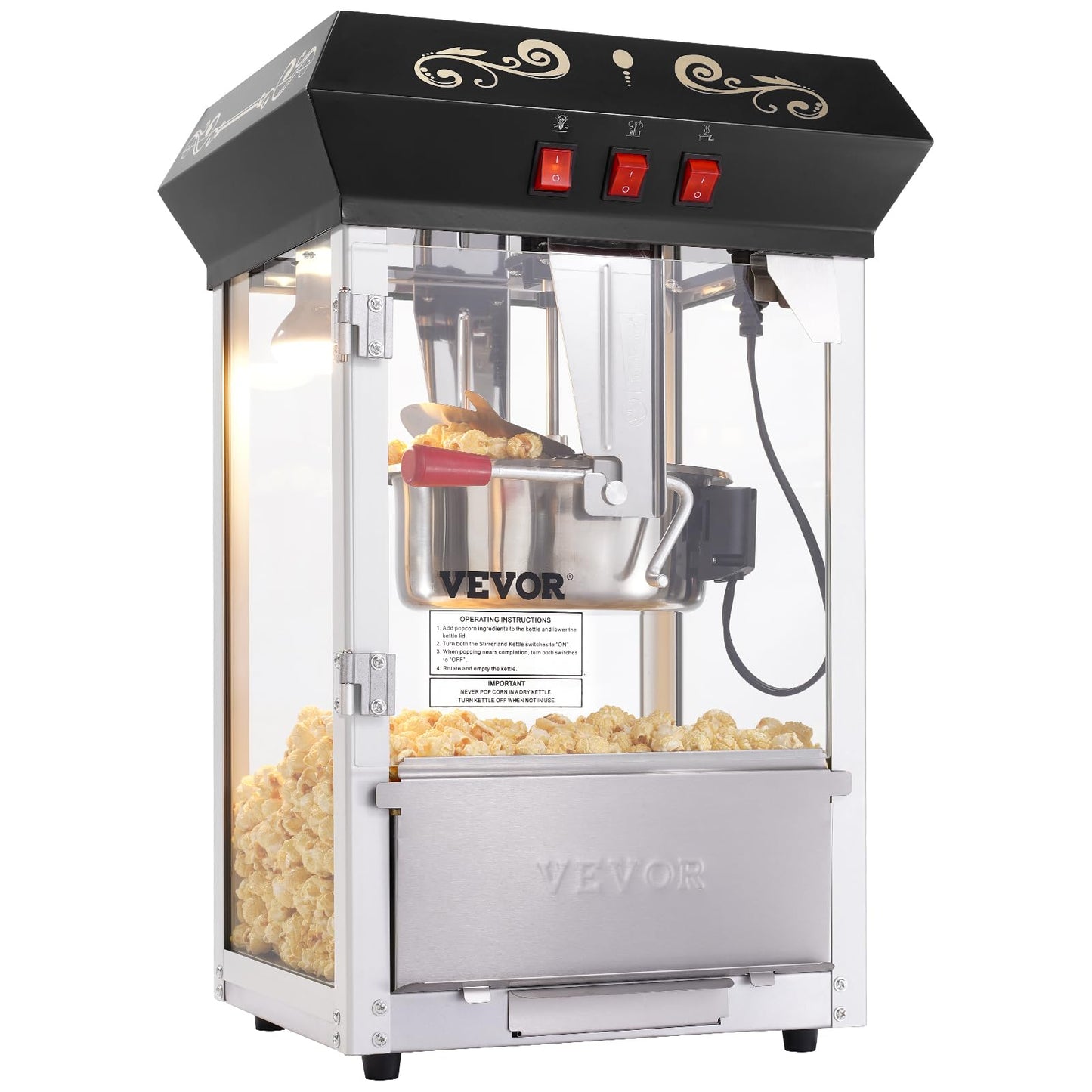 VEVOR Commercial Popcorn Machine, 8 Oz Kettle, 850 W Countertop Popcorn Maker for 48 Cups per Batch, Theater Style Popper with 3-Switch Control Steel Frame Tempered Glass Doors 2 Scoops 2 Spoons, Red