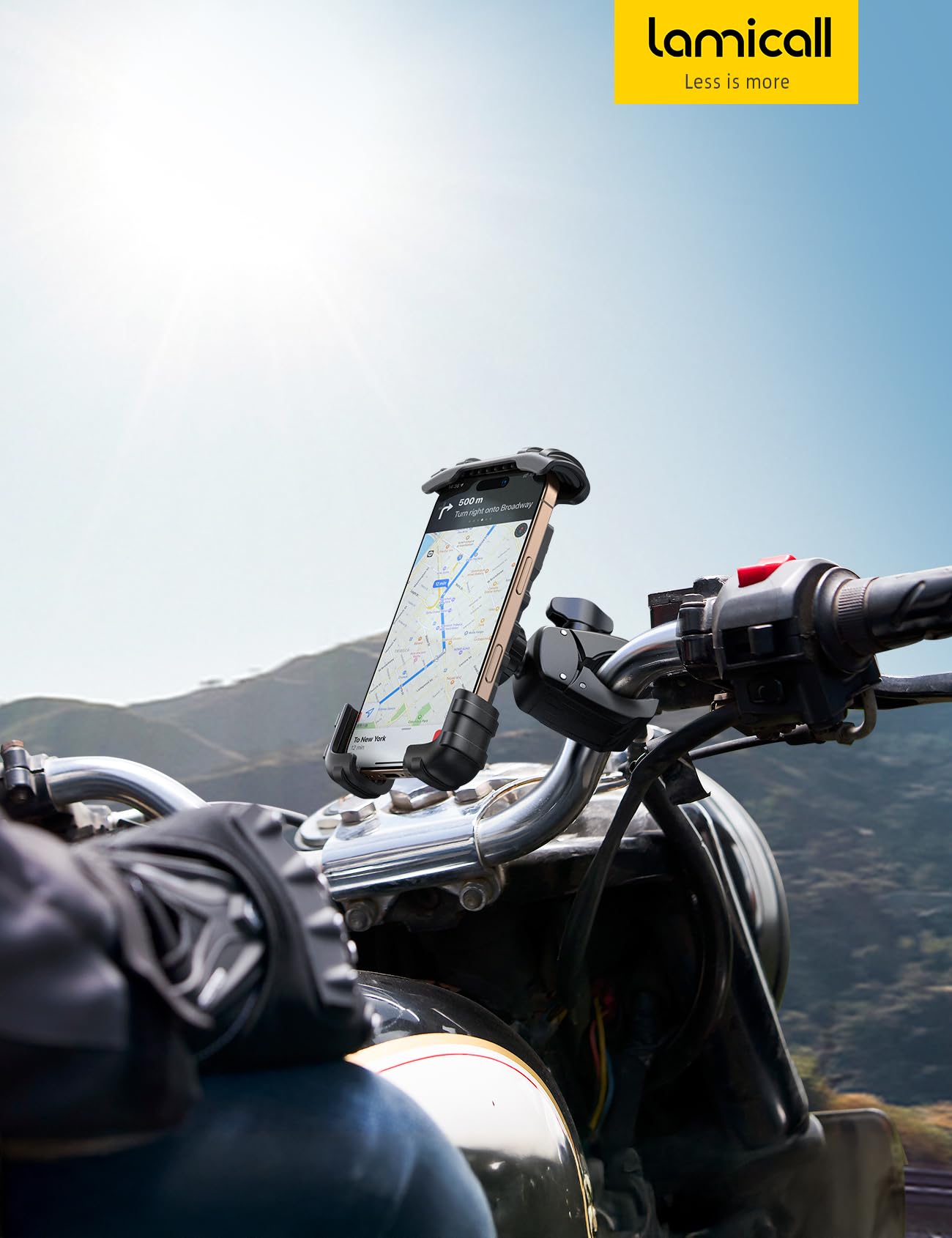 Lamicall Bike Phone Holder Mount - Motorcycle Handlebar Phone Mount Clamp, One Hand Operation, ATV Scooter Phone Clip for iPhone 16/15 Pro Max / 14 Plus, Galaxy S10 and 4.7-6.8" Cellphone, Black