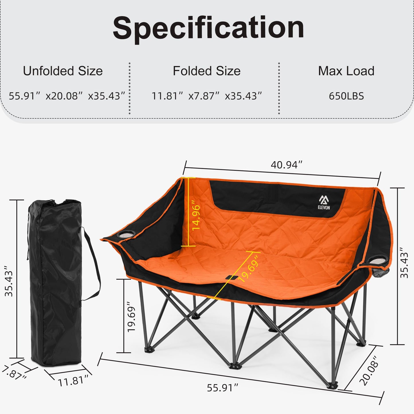Camping Chair, Oversized Loveseat Double 2 Person Outdoor Chair with Arms, Cup Holder and Carry Bag, Heavy-Duty Collapsible Chair for Outside,Black/Gray
