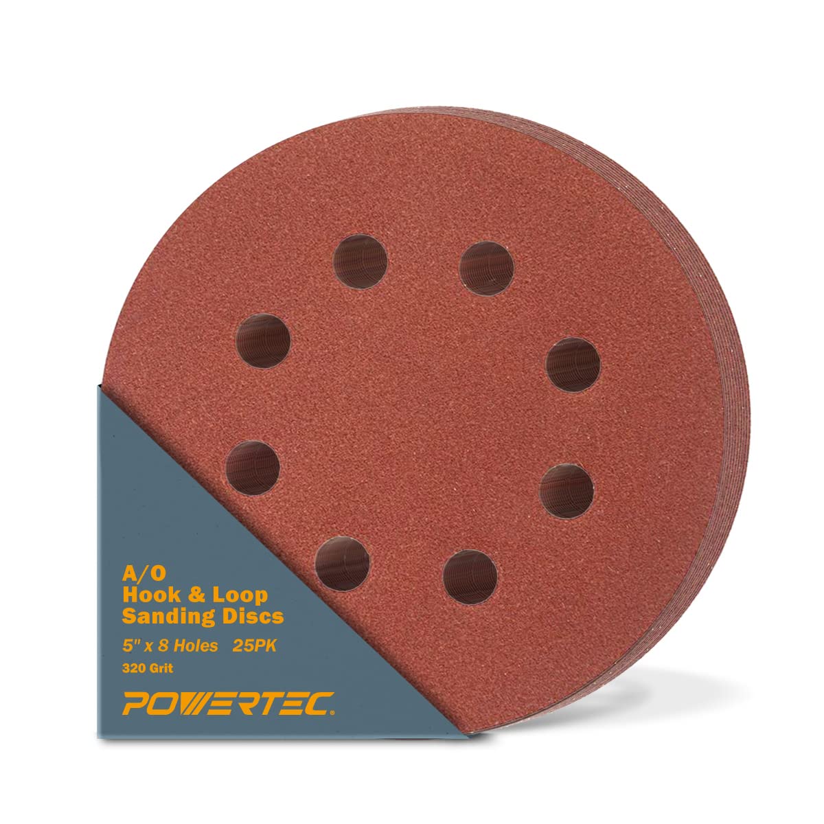 POWERTEC 100PK, 40/80/120/220/320 Grits, 5 Inch 8 Hole Hook and Loop Sanding Discs, Aluminum Oxide Sandpaper Discs, Woodworking Sanding Pads for Random Orbital, Palm, Air & Pneumatic Sander (45000)