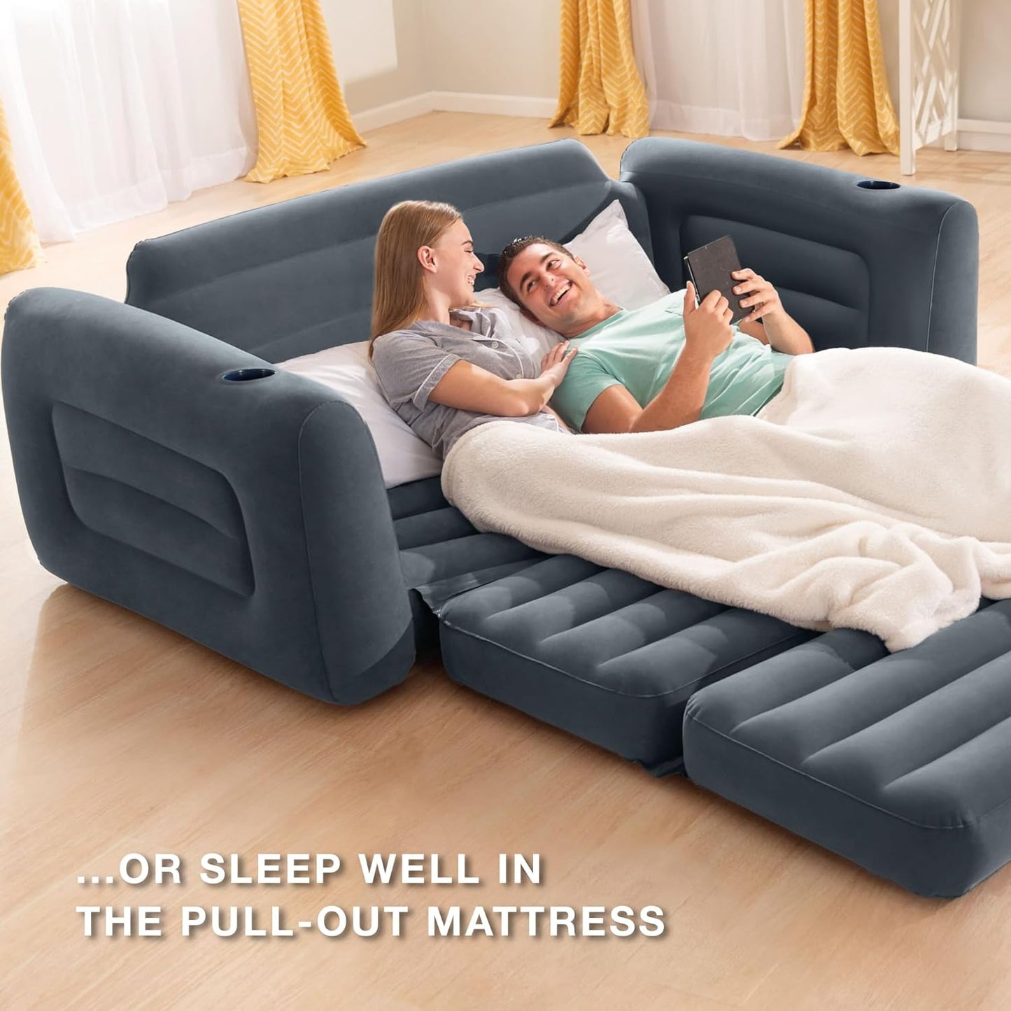 Intex Inflatable Furniture Set with Queen Sized Pull-Out Sofa Bed and 2 Sofa Sleepers, Gray - Air Mattress, Portable Couch, Lounge Chairs, Guest Beds