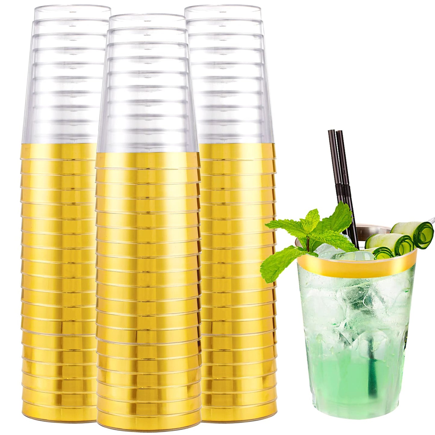I00000 200 Pack Gold Plastic Cups, 9 Oz Elegant Clear Plastic Cups Gold Rimmed Disposable Wine Glasses Fancy Disposable Party Cups Wedding Cups Drinking Tumblers Plastic Cocktail Glasses with Gold Rim