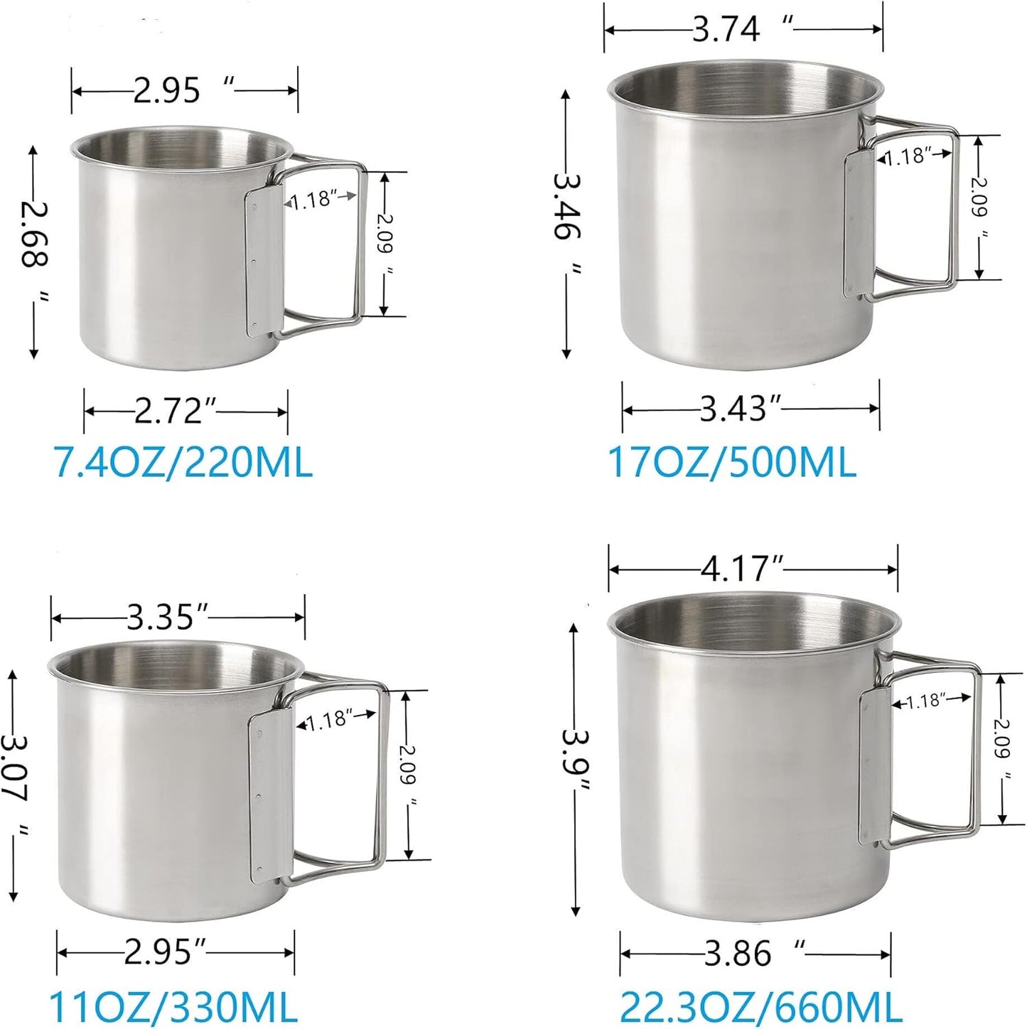 Stackable Camping Mug Stainless Steel Portable Cups with Folding Handle & Mesh Bag for Touring Trips Outdoor Camping Campfire Hiking Picnic 4 Piece Set 7.44oz, 11.16oz, 16.9oz, 22.3oz